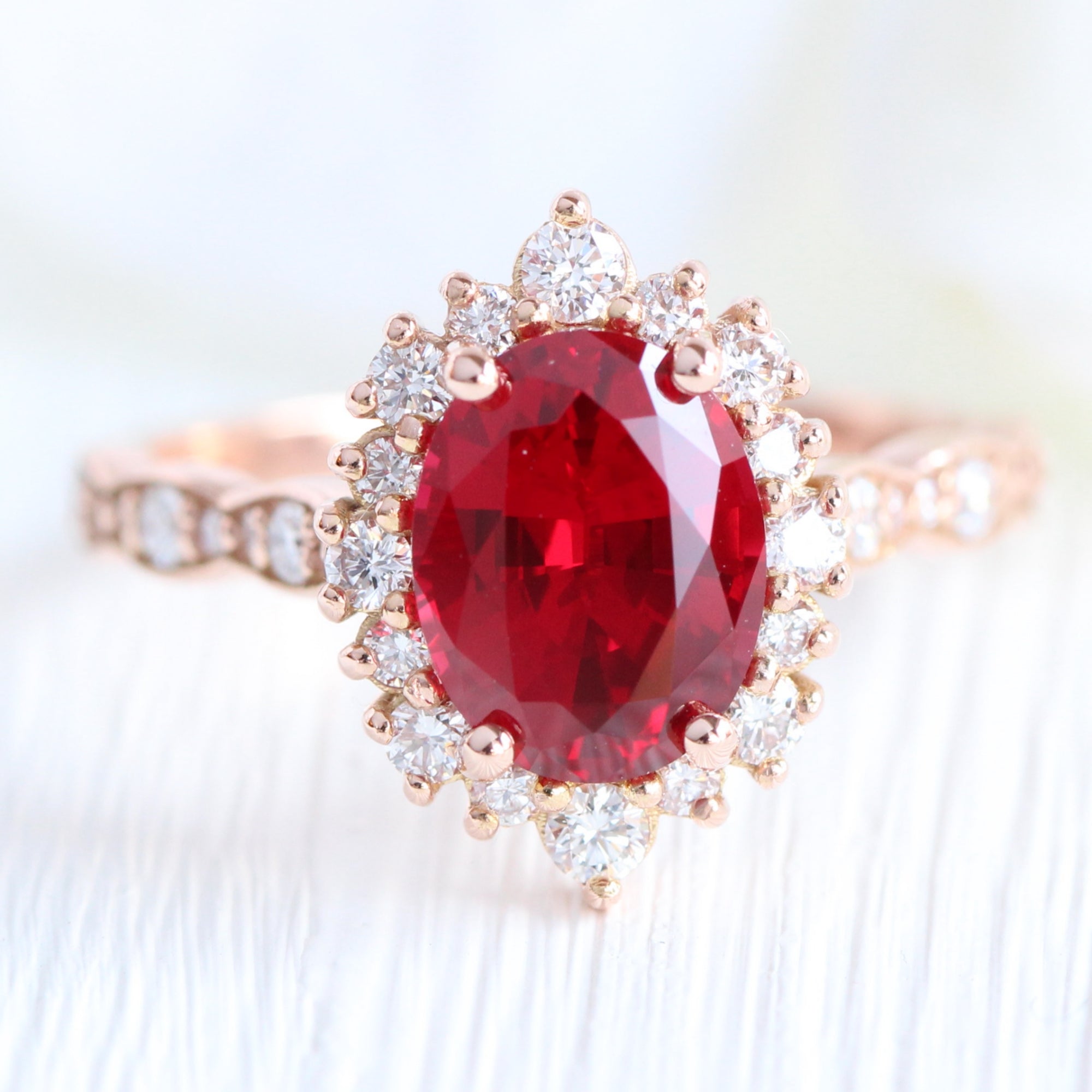 Large oval ruby engagement ring rose gold halo diamond ruby ring la more design jewelry