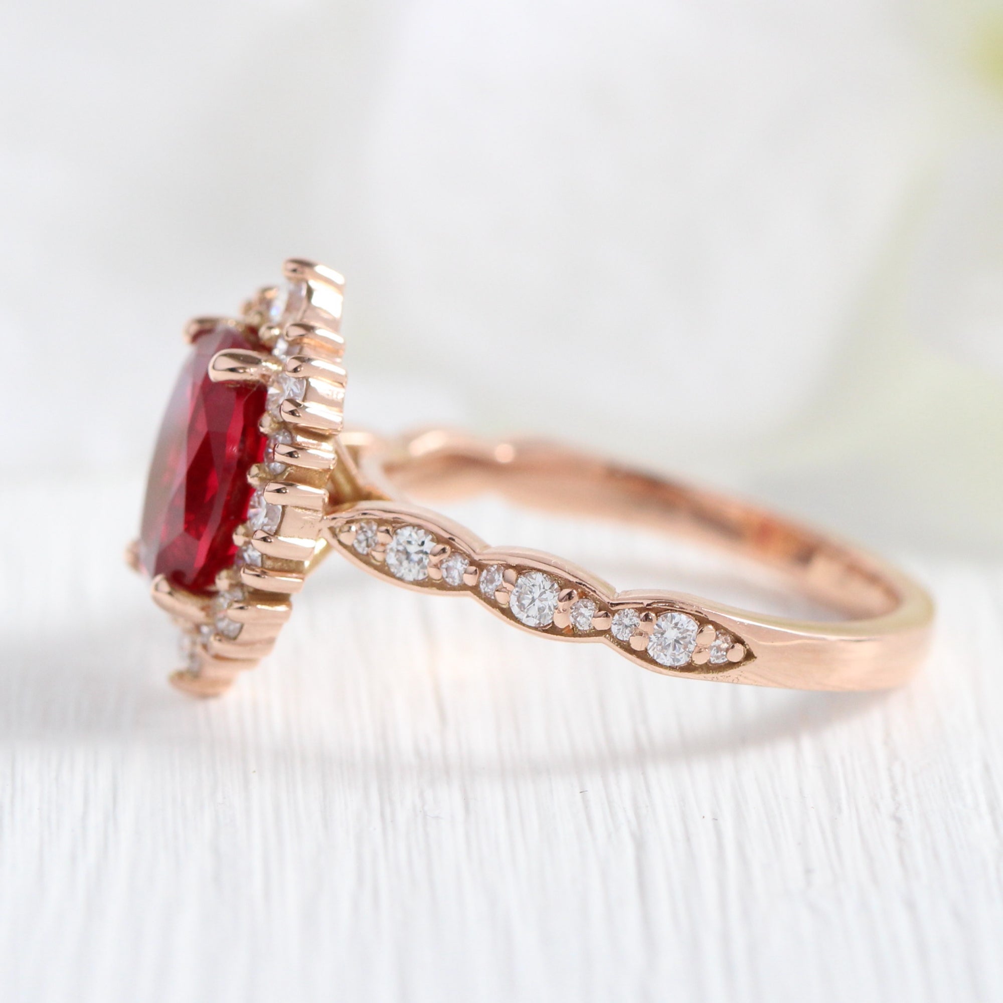 Large oval ruby engagement ring rose gold halo diamond ruby ring la more design jewelry