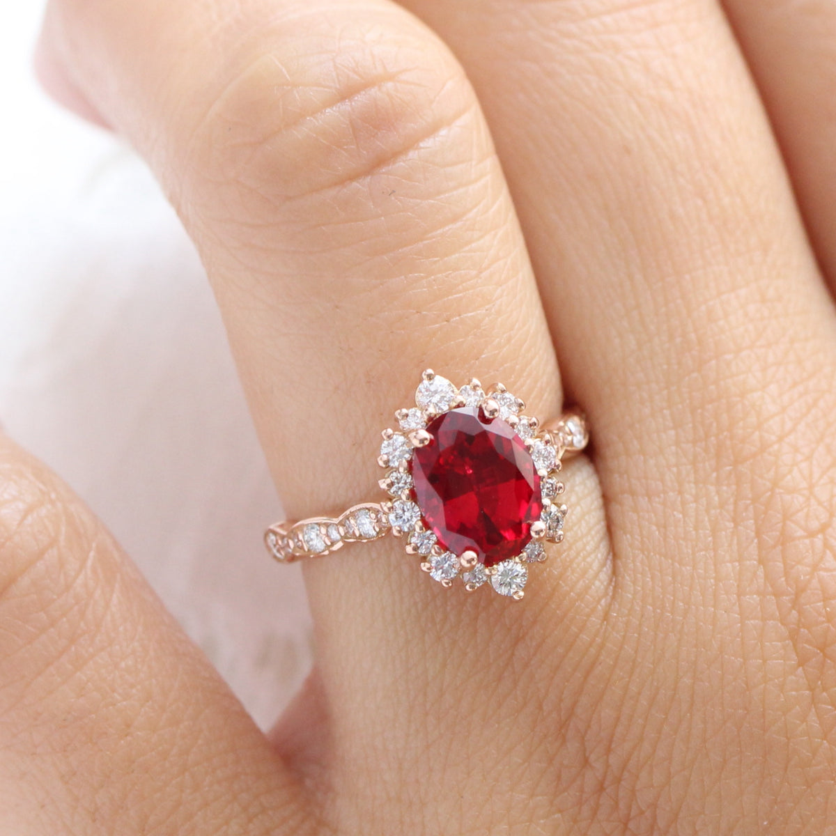 Large oval ruby engagement ring rose gold halo diamond ruby ring la more design jewelry