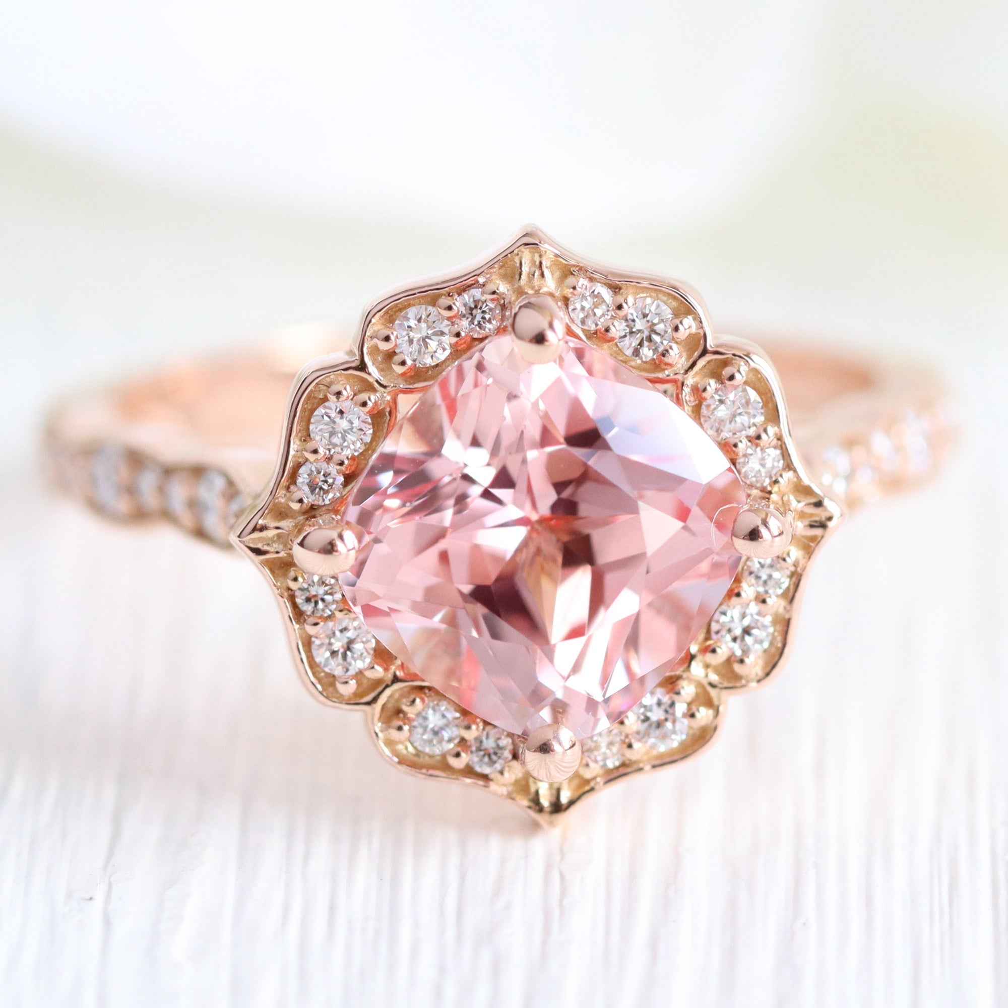 Rose Gold Peachy Pink Stone Cushion Cut Engagement Ring With Double Halo