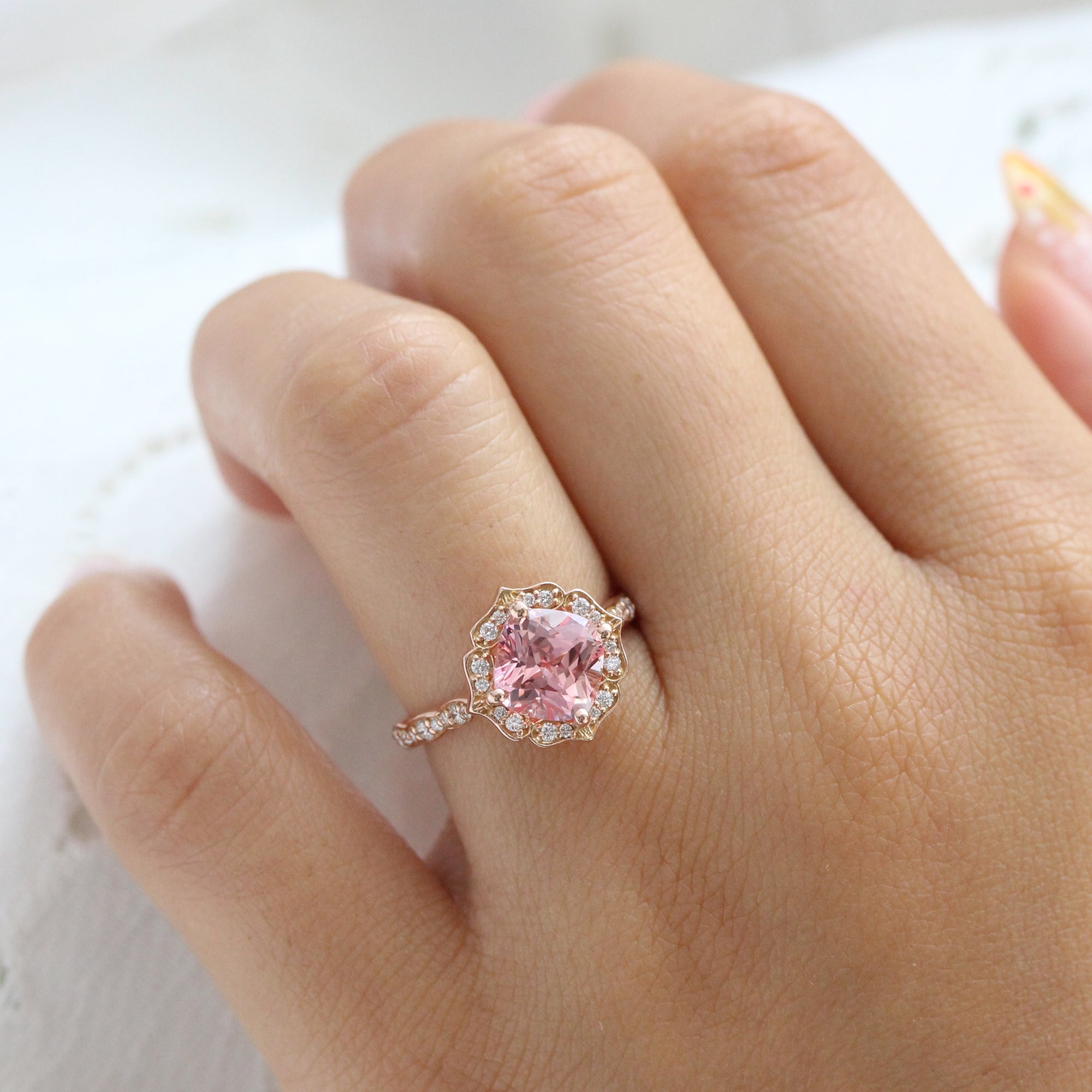 Large peach pink sapphire ring rose gold vintage halo diamond sapphire ring la more design jewelry