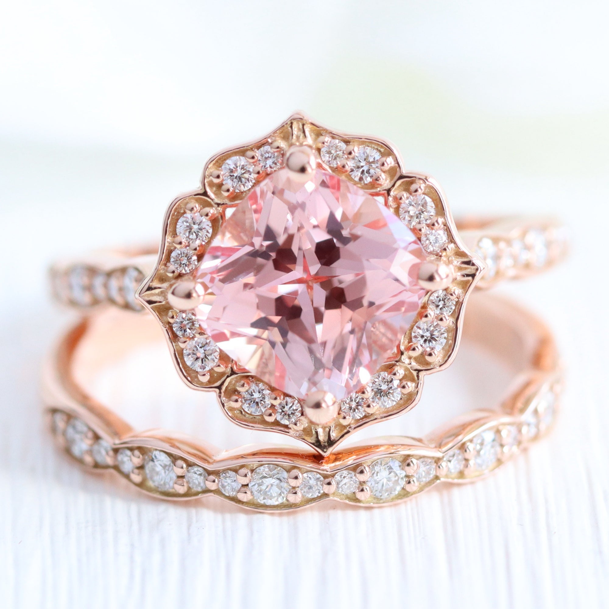 Large peach pink sapphire ring stack rose gold vintage halo diamond sapphire ring la more design jewelry