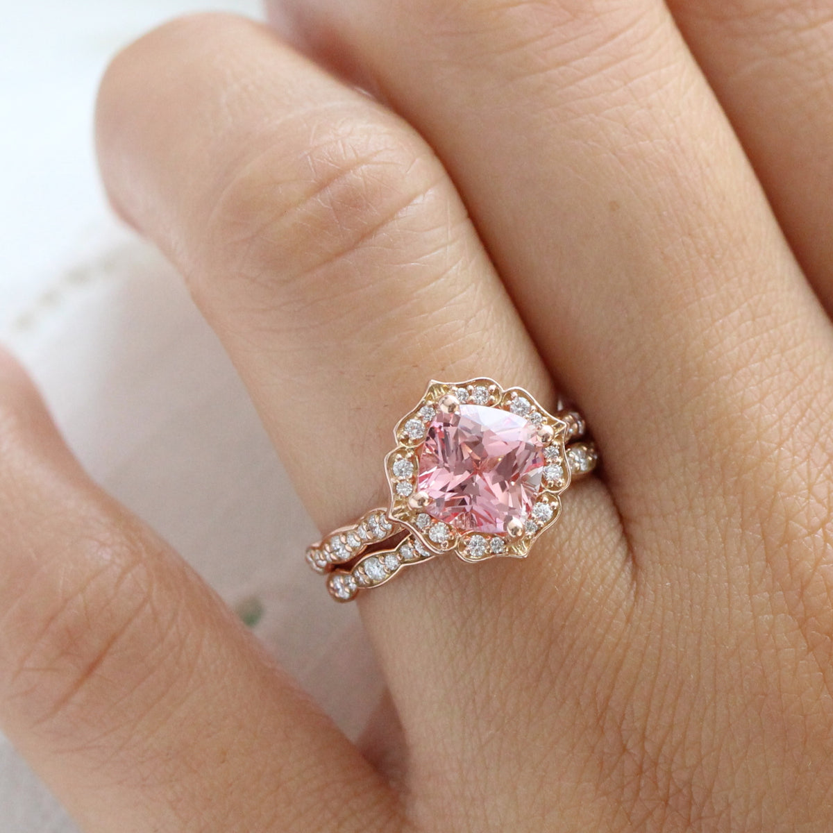 Large peach pink sapphire ring stack rose gold vintage halo diamond sapphire ring la more design jewelry