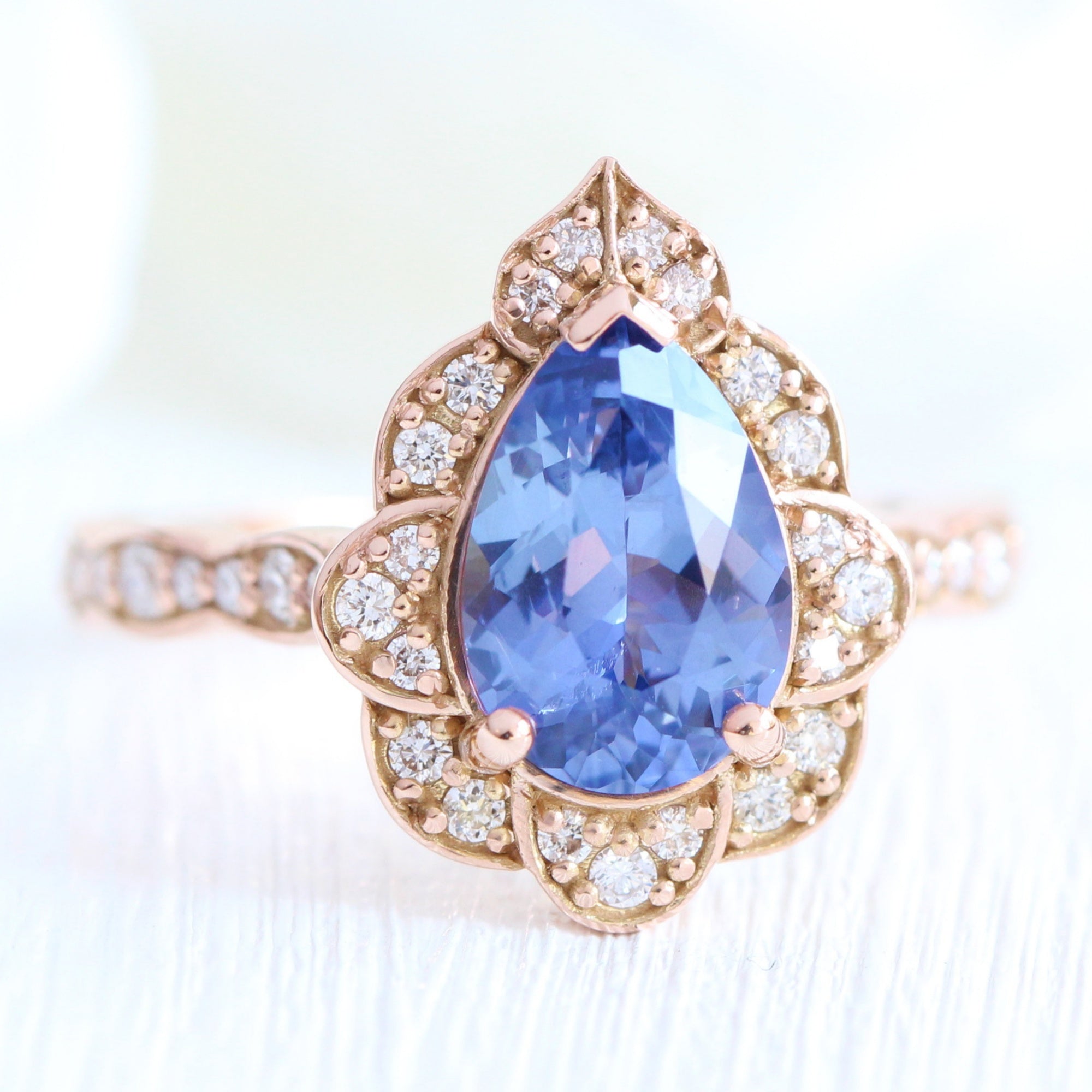 Large pear blue sapphire ring rose gold vintage halo diamond ring la more design jewelry