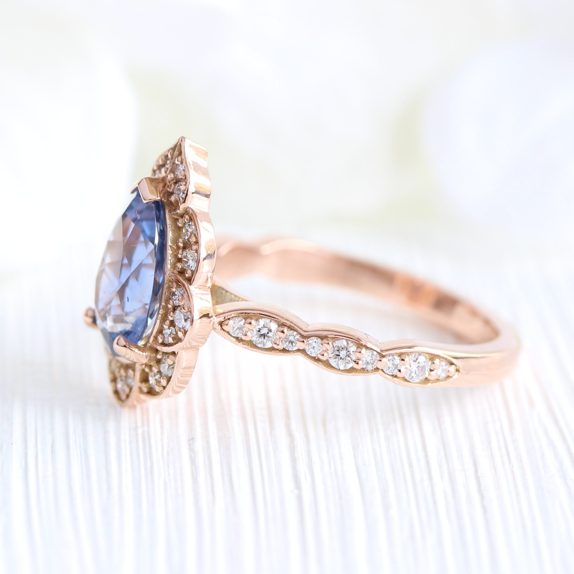 Large pear blue sapphire ring rose gold vintage halo diamond ring la more design jewelry