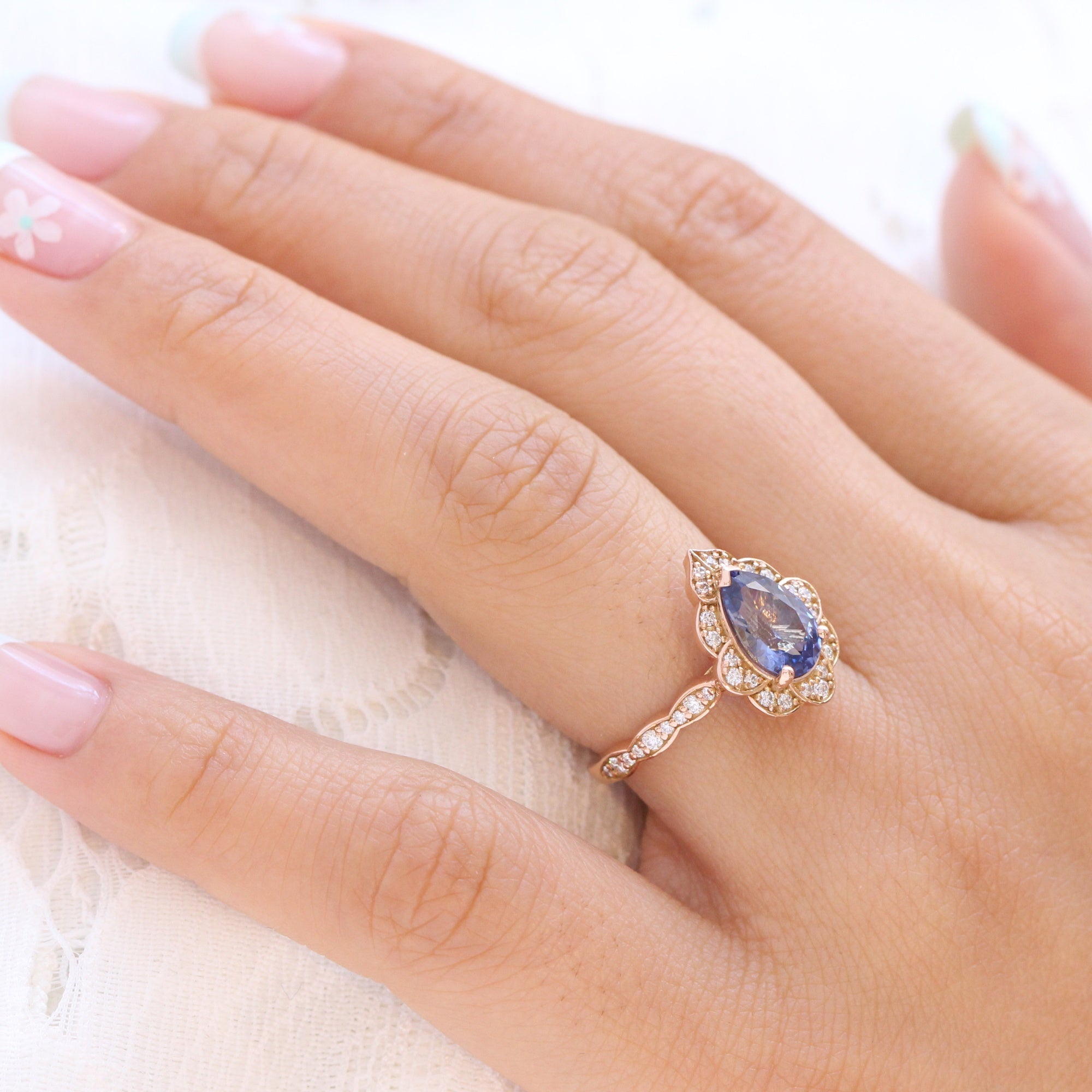 Large pear blue sapphire ring rose gold vintage halo diamond ring la more design jewelry