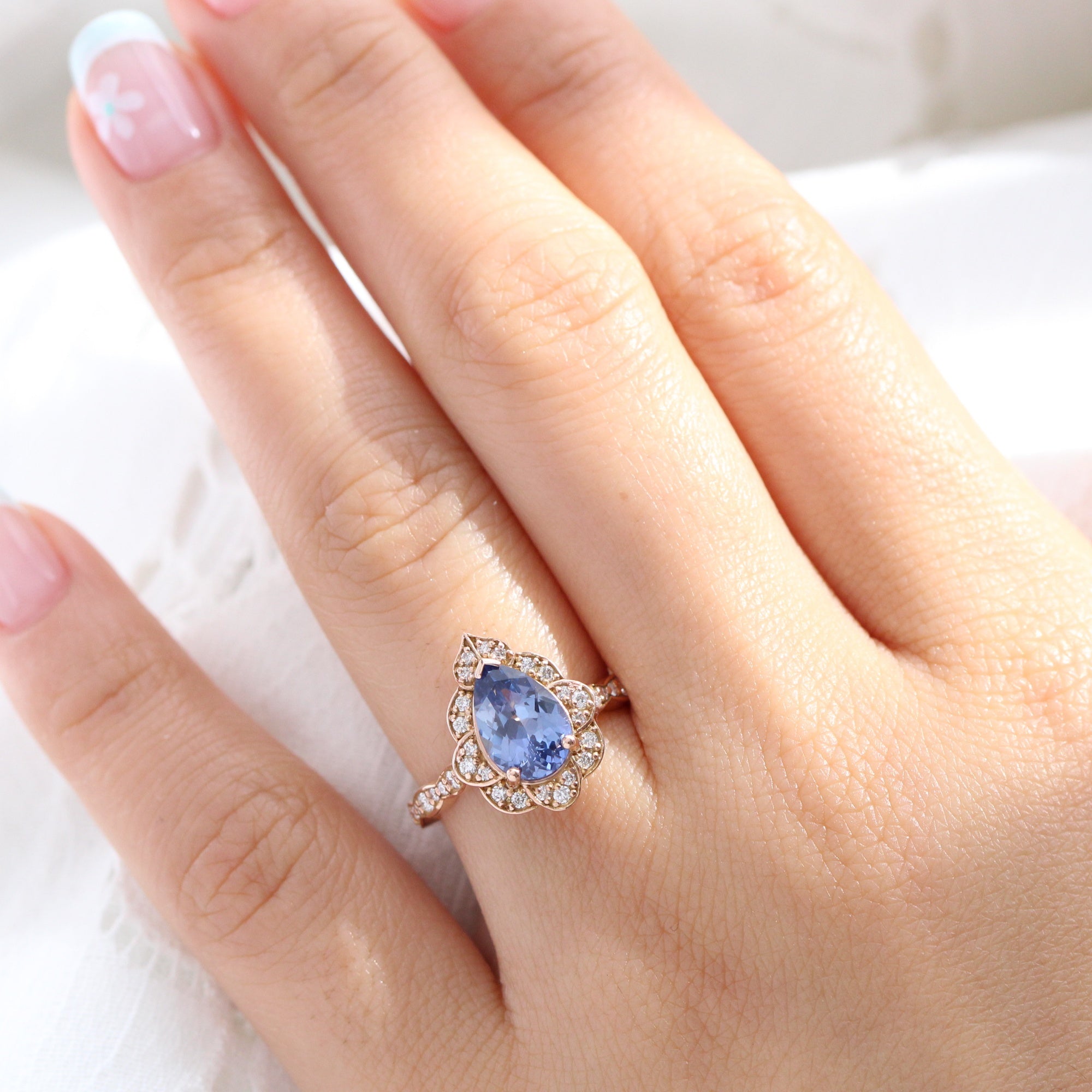 Large pear blue sapphire ring rose gold vintage halo diamond ring la more design jewelry