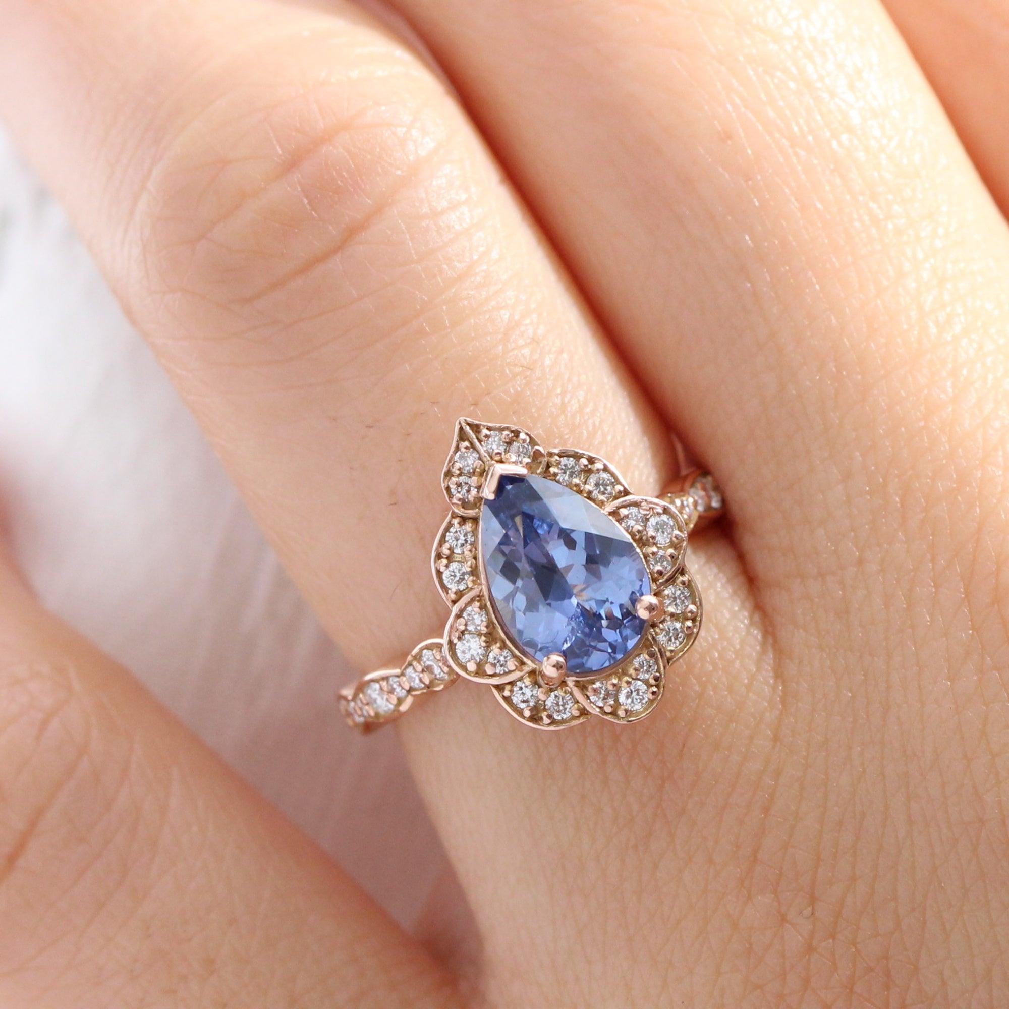 Large pear blue sapphire ring rose gold vintage halo diamond ring la more design jewelry