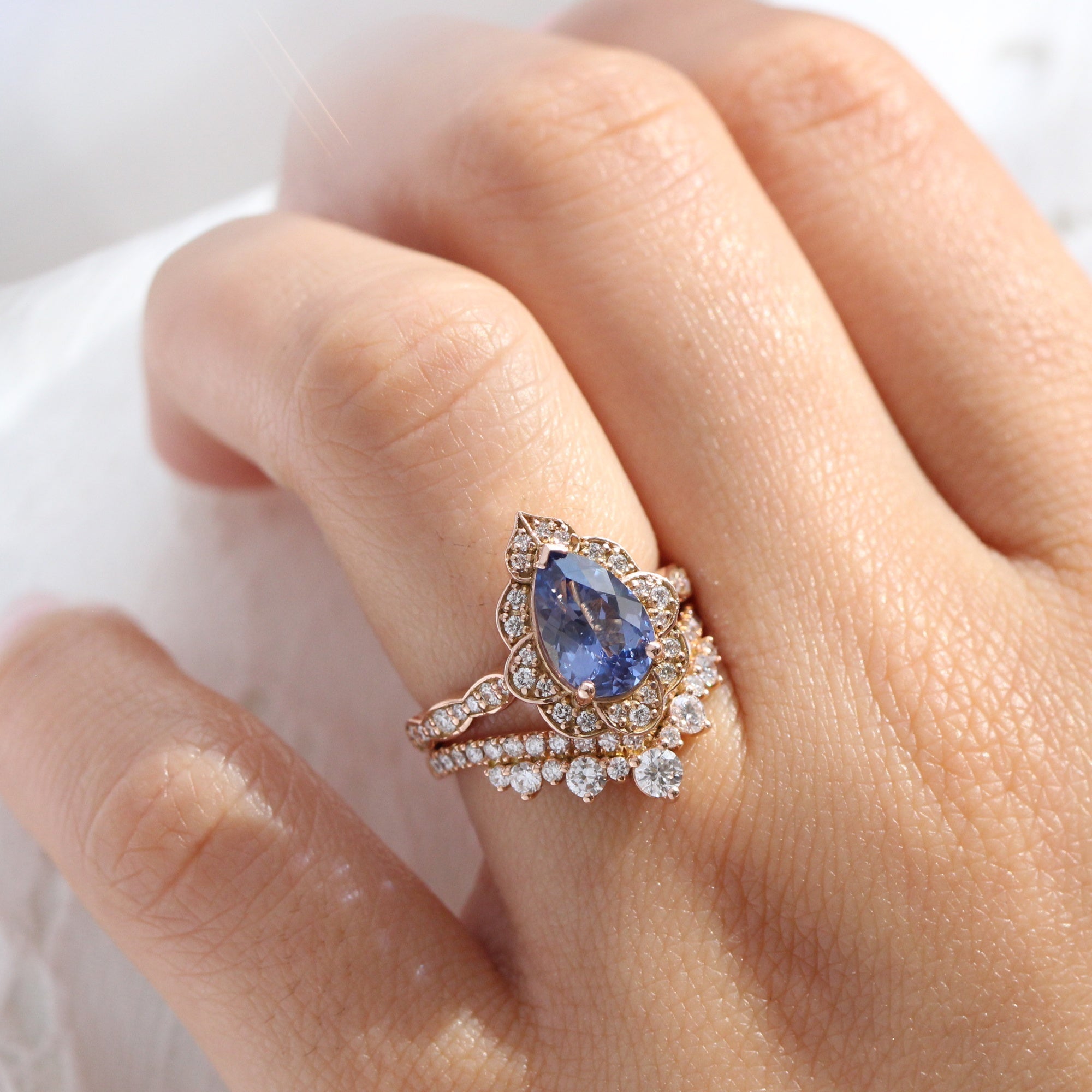 Large Ceylon Blue Sapphire Diamond Ring Gold Vintage Halo Pear Ring La More Design