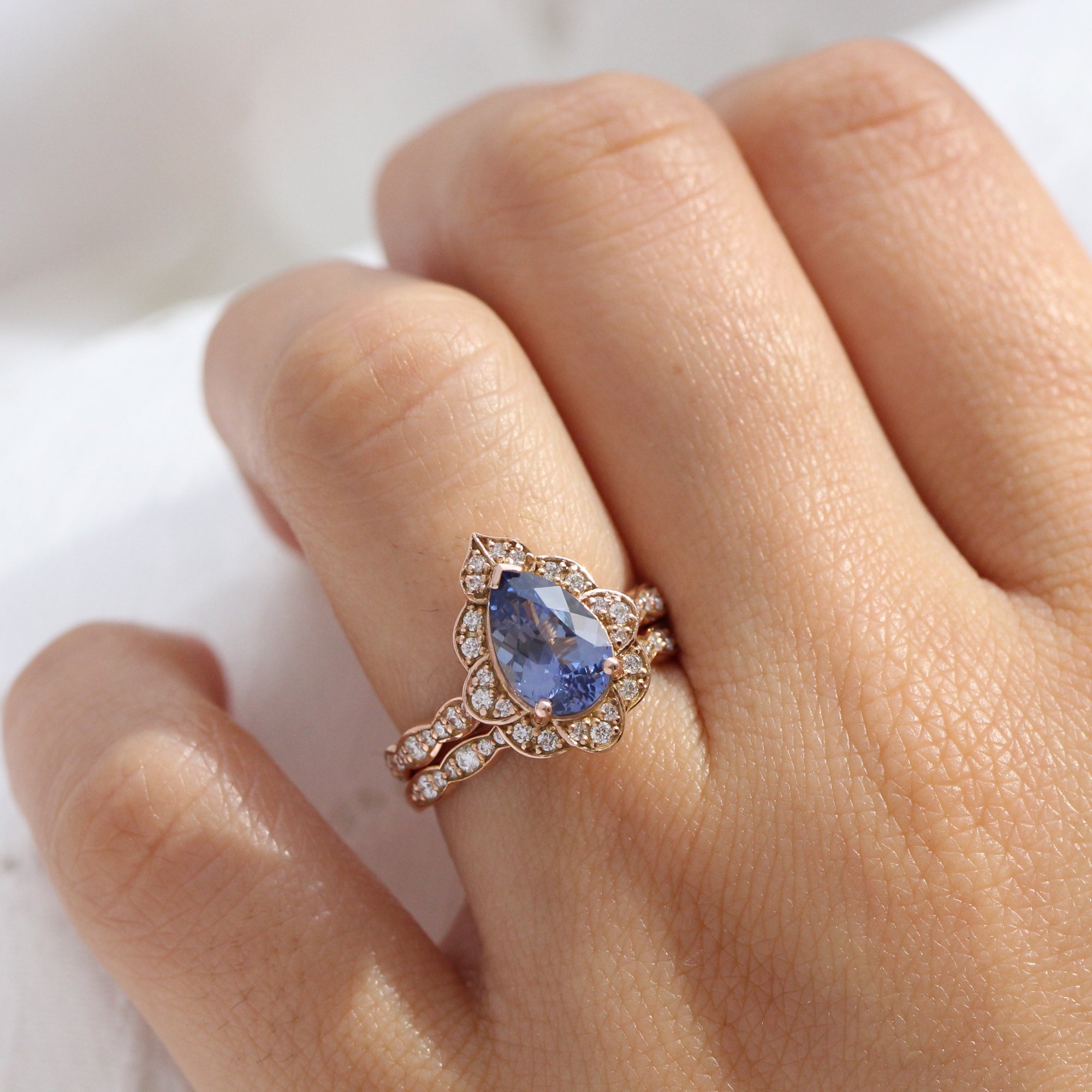 Large Ceylon Blue Sapphire Diamond Ring Gold Vintage Halo Pear Ring La More Design