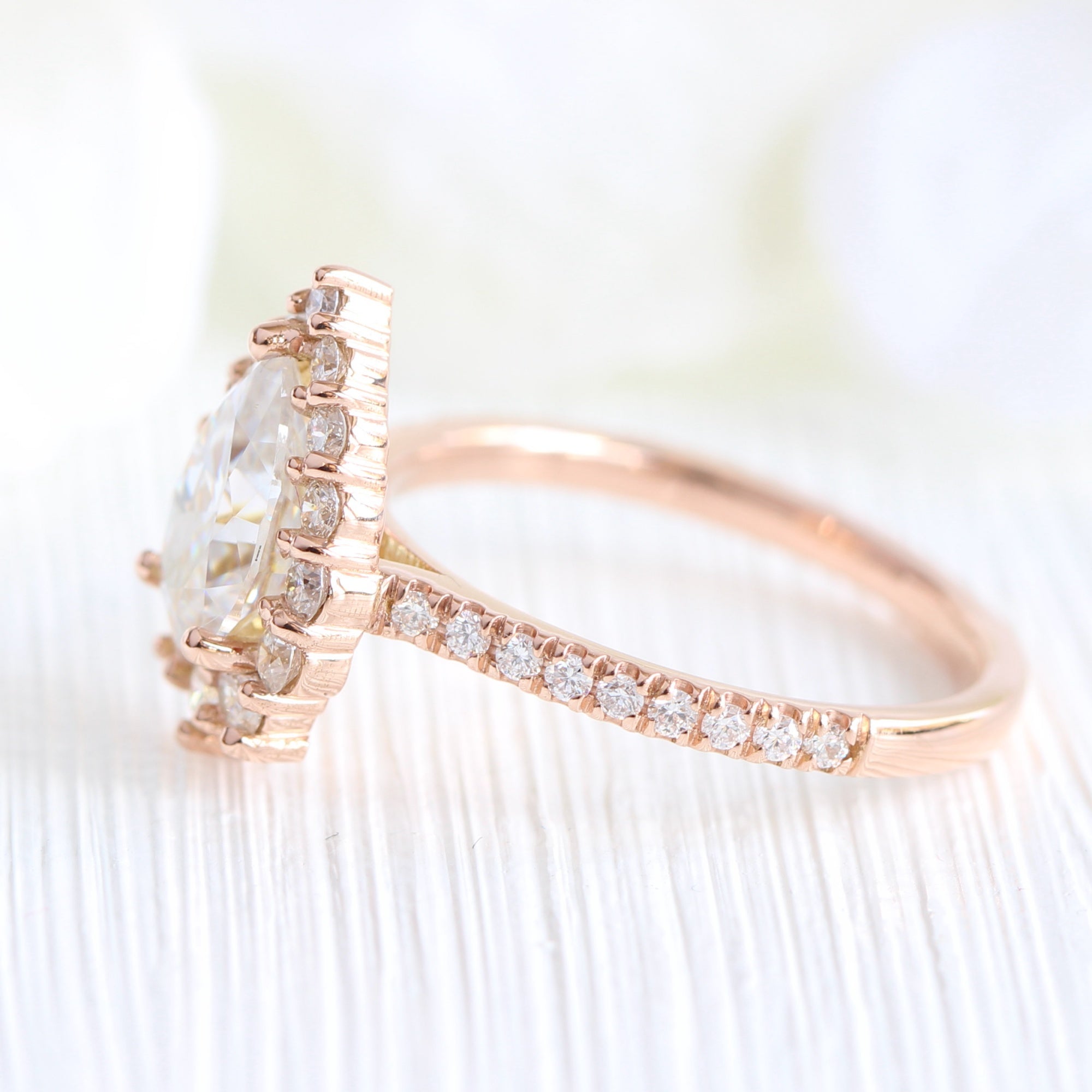 Large pear cut moissanite ring rose gold halo diamond ring la more design jewelry