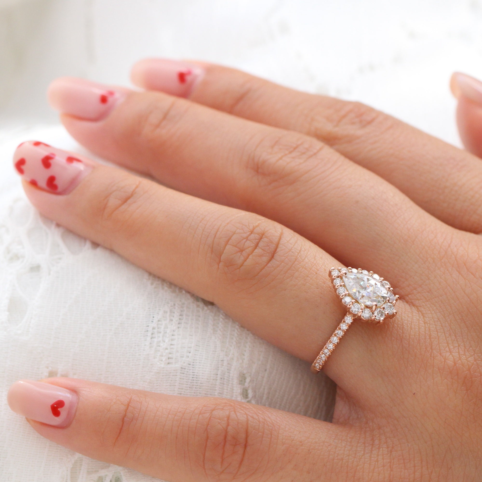 Large pear cut moissanite ring rose gold halo diamond ring la more design jewelry