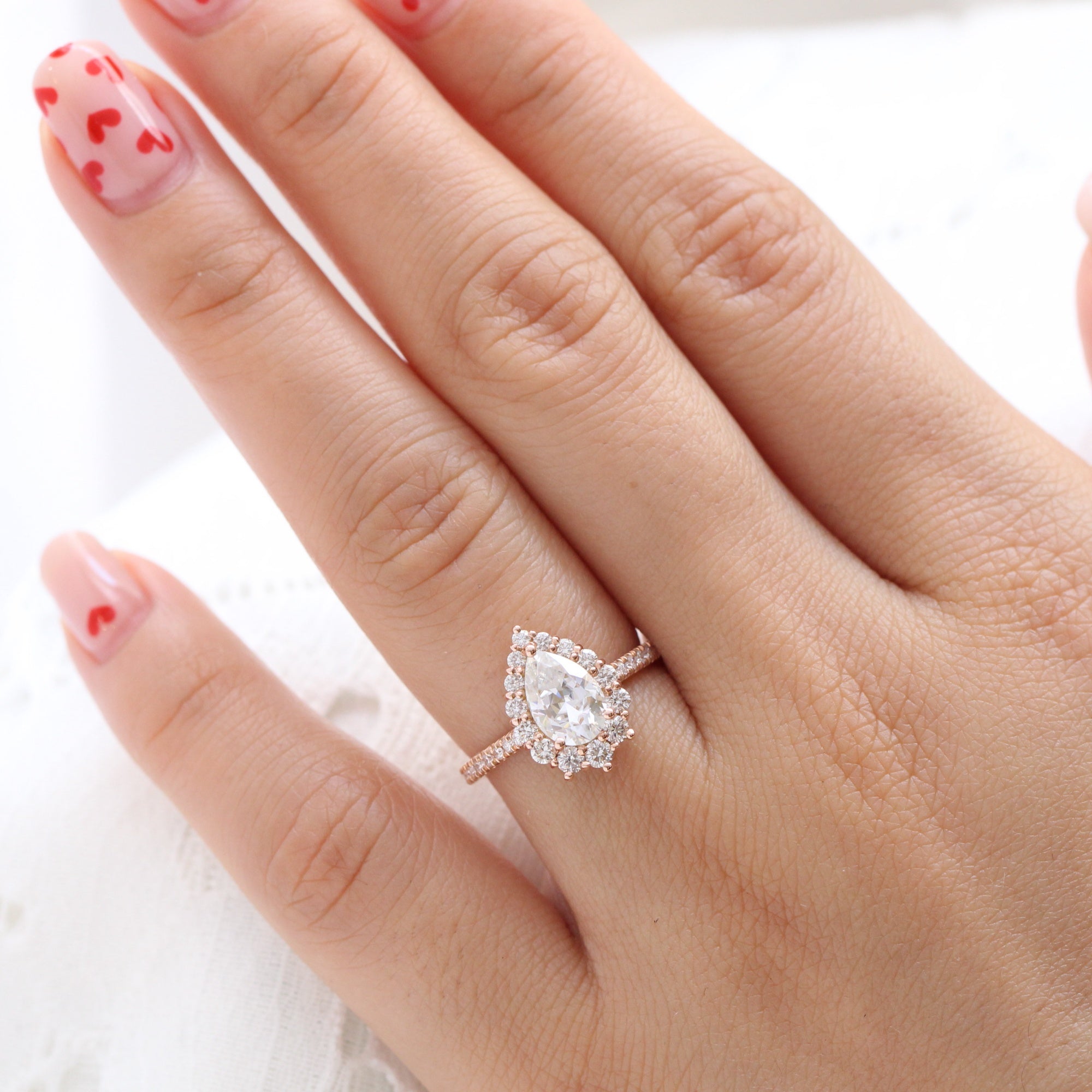 Large pear cut moissanite ring rose gold halo diamond ring la more design jewelry