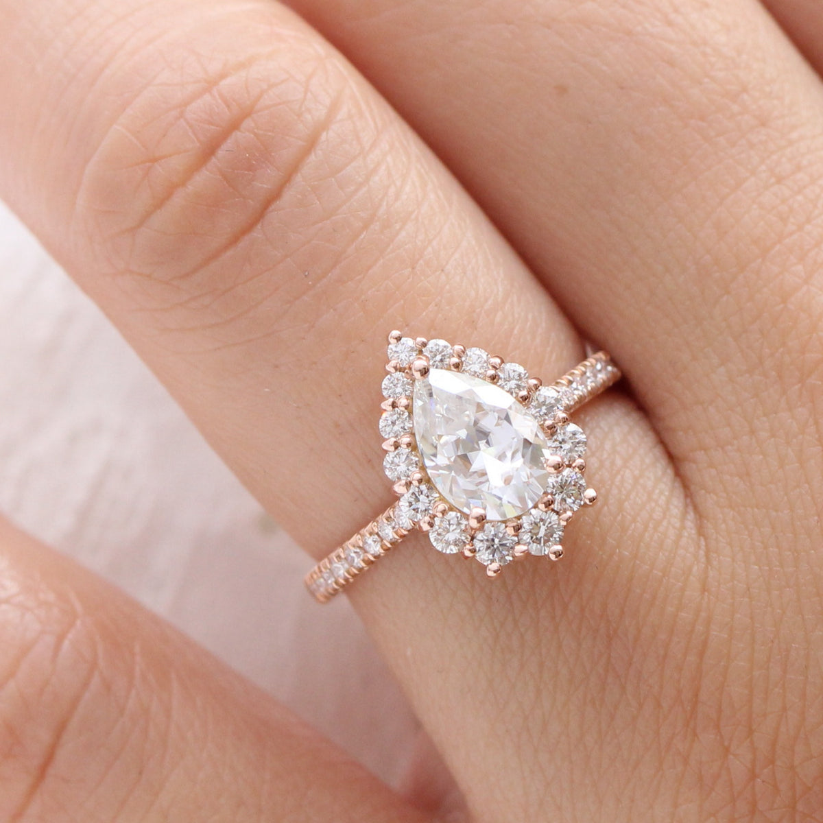 Large pear cut moissanite ring rose gold halo diamond ring la more design jewelry