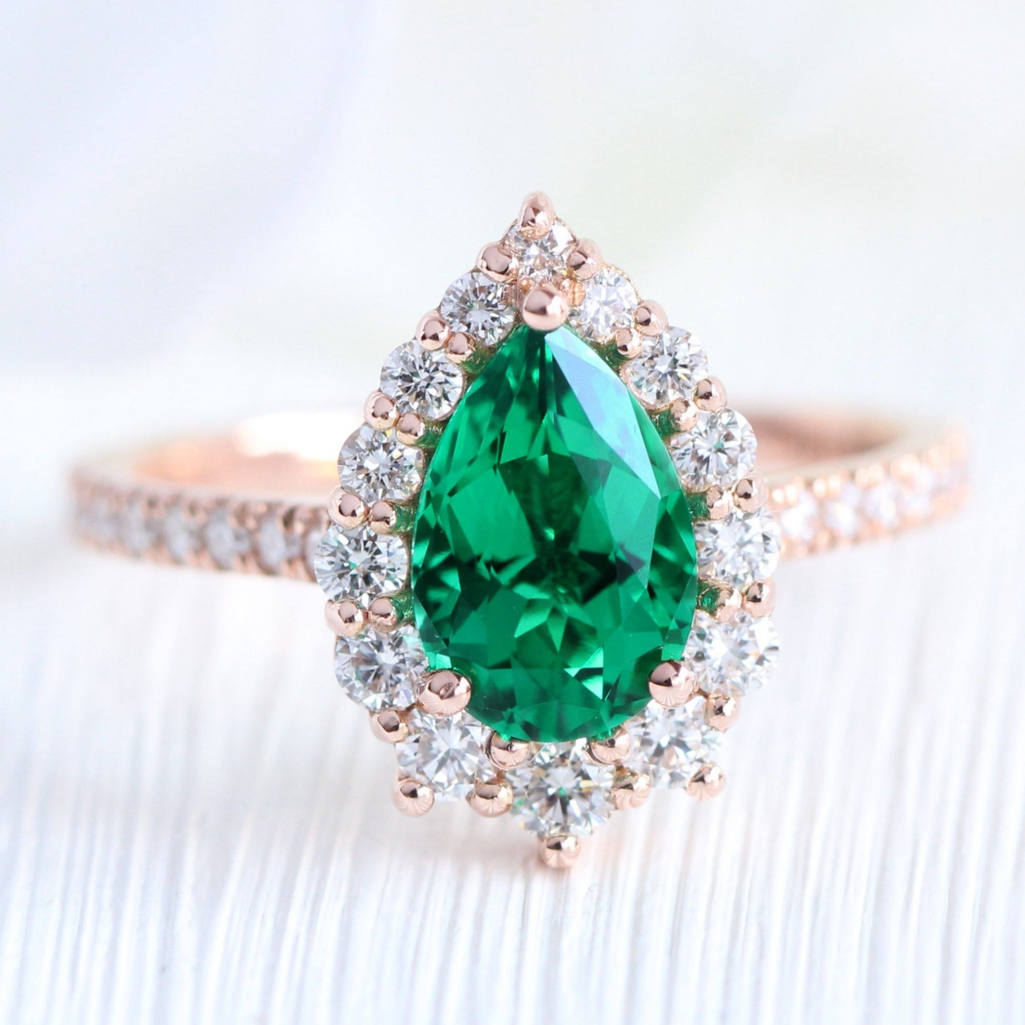 Large pear emerald ring rose gold halo diamond ring la more design jewelry