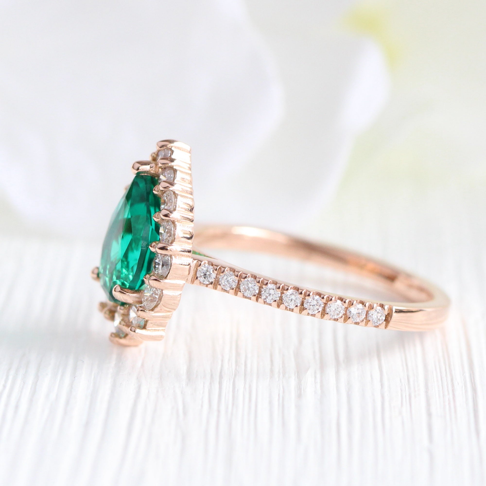 Large pear emerald ring rose gold halo diamond ring la more design jewelry