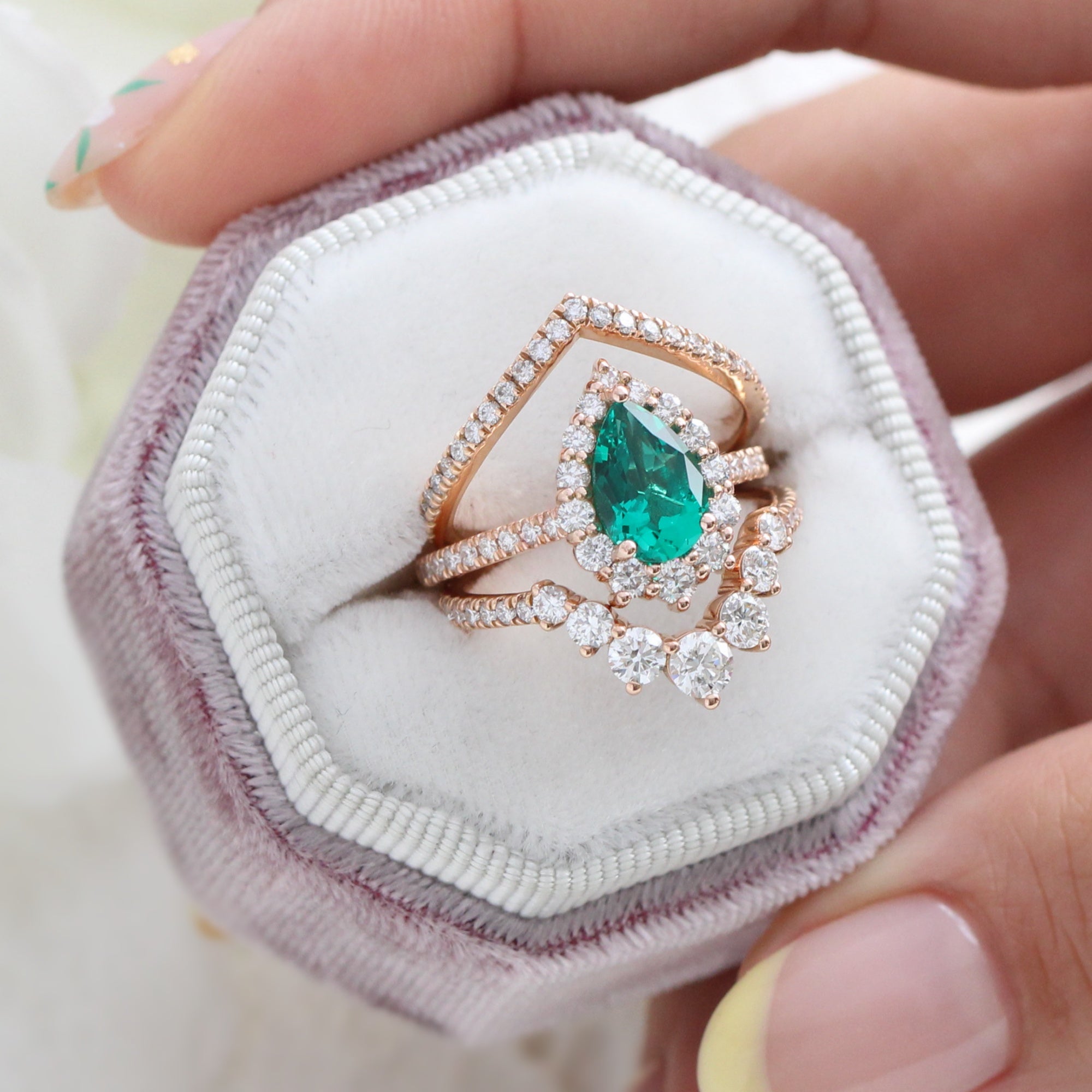 Large pear emerald ring rose gold halo diamond ring la more design jewelry