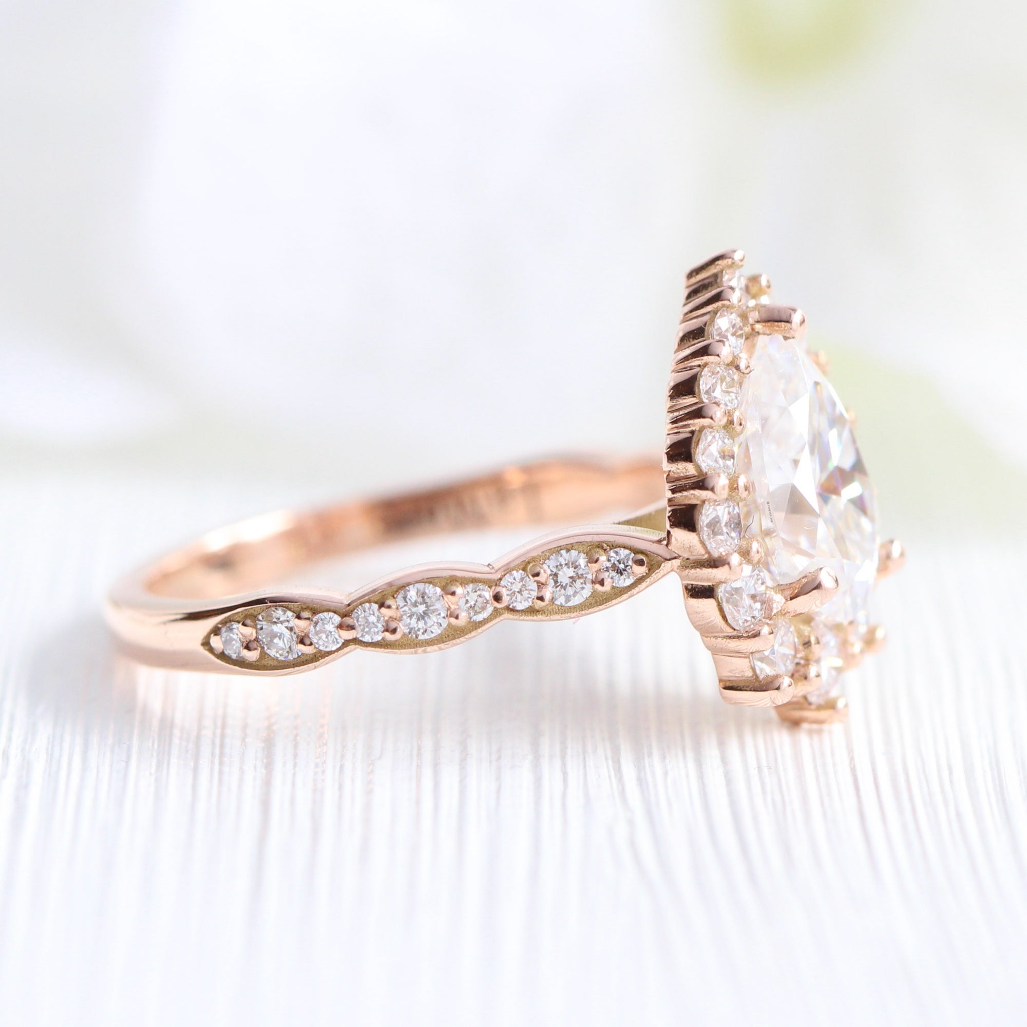 Large pear moissanite halo diamond engagement ring rose gold la more design jewelry