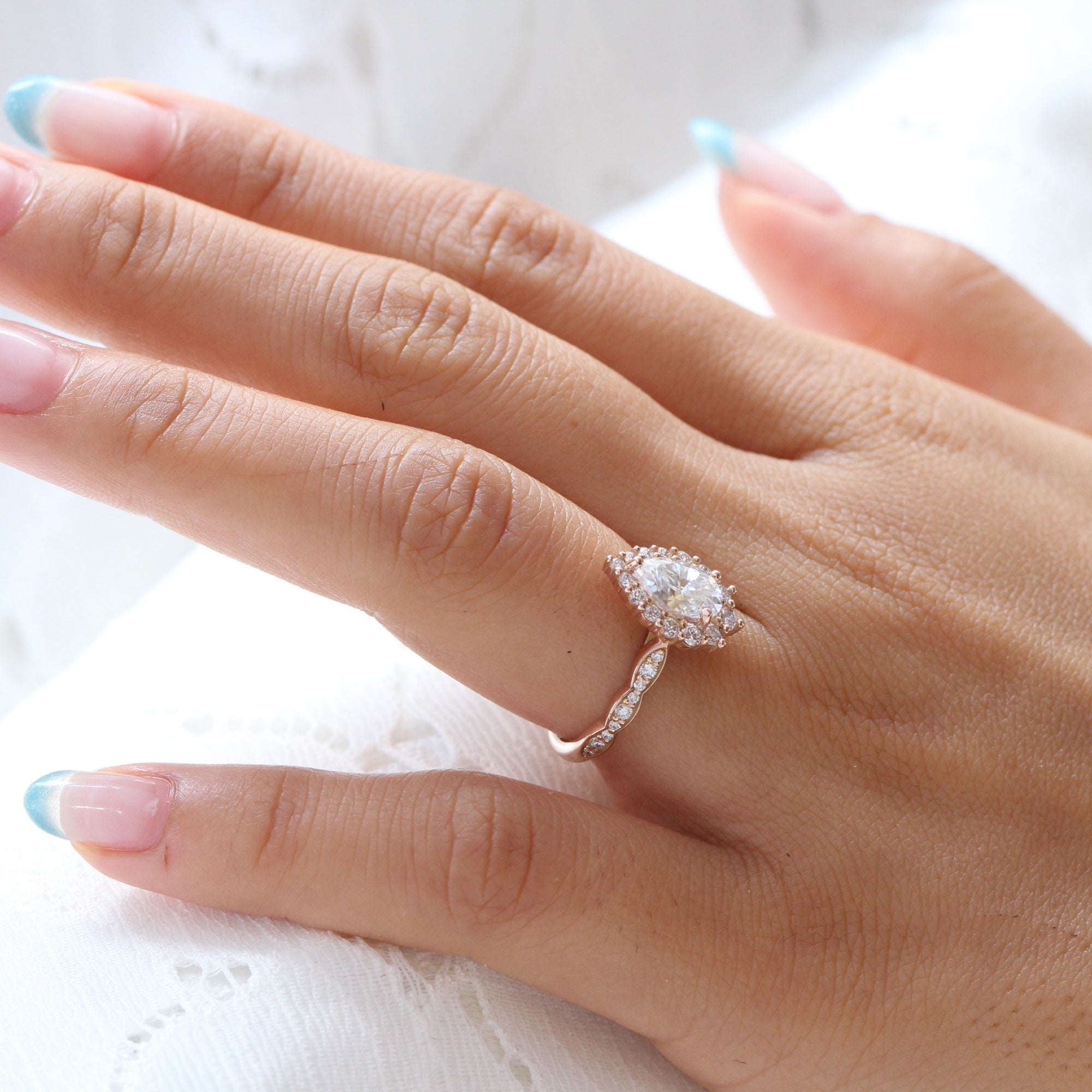 Large pear moissanite halo diamond engagement ring rose gold la more design jewelry
