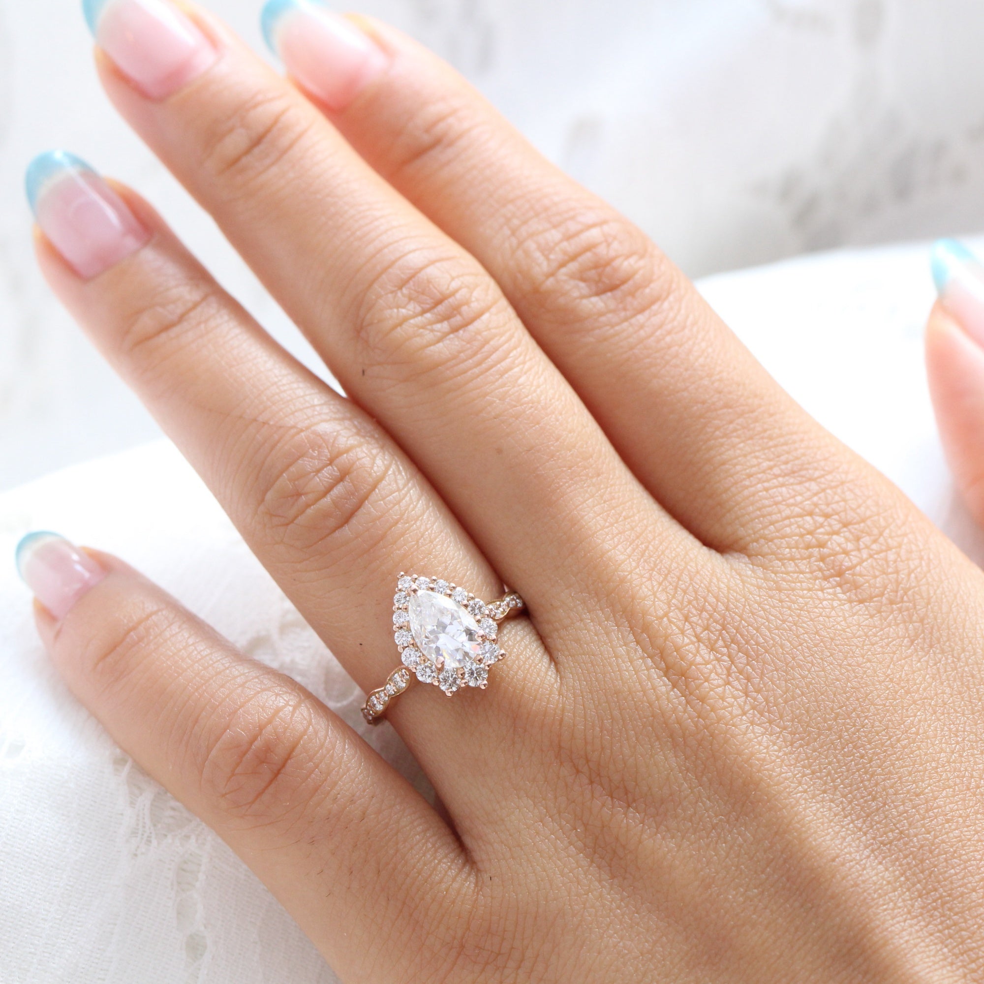 Large pear moissanite halo diamond engagement ring rose gold la more design jewelry