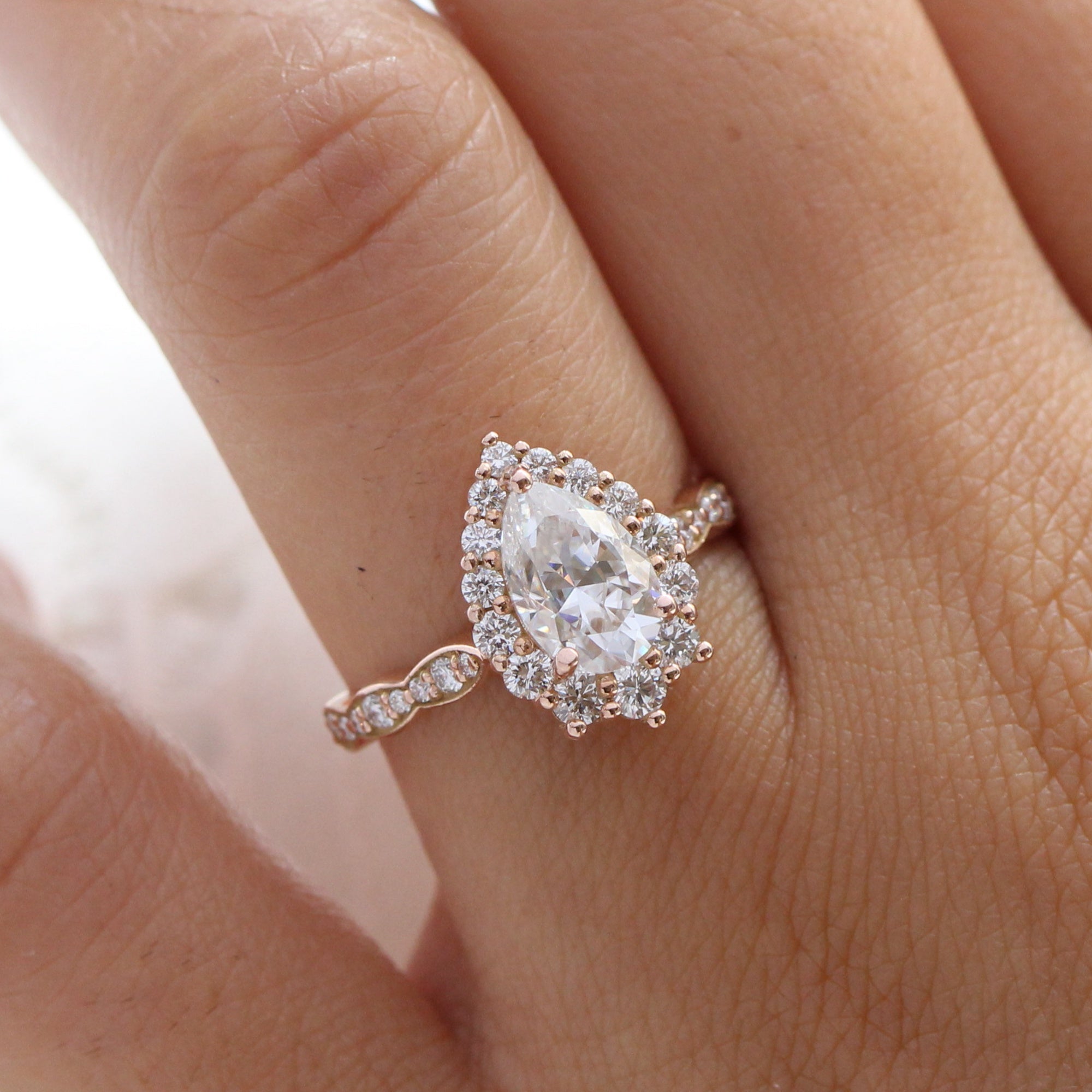Large pear moissanite halo diamond engagement ring rose gold la more design jewelry