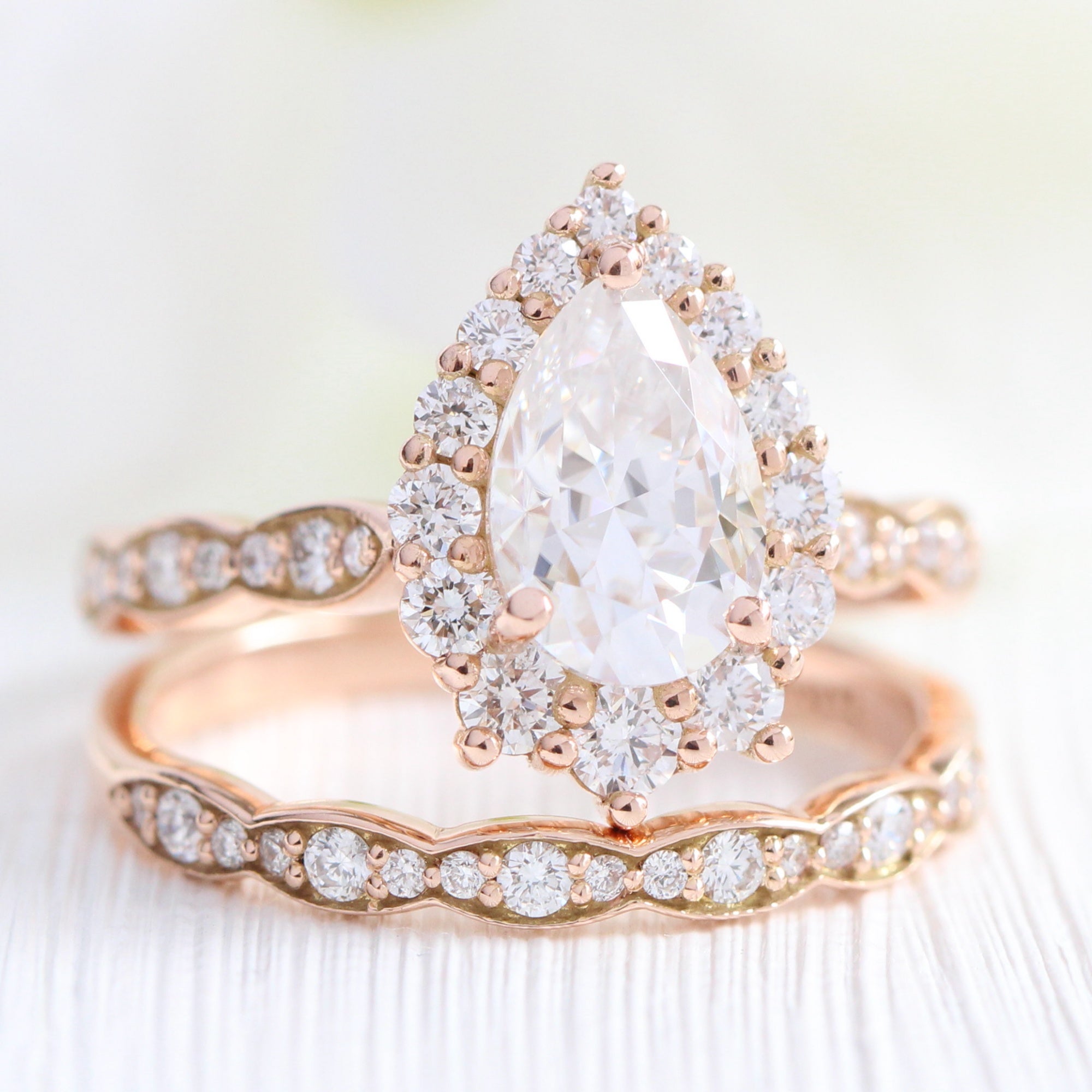 Large pear moissanite halo diamond ring rose gold bridal wedding set La more design jewelry