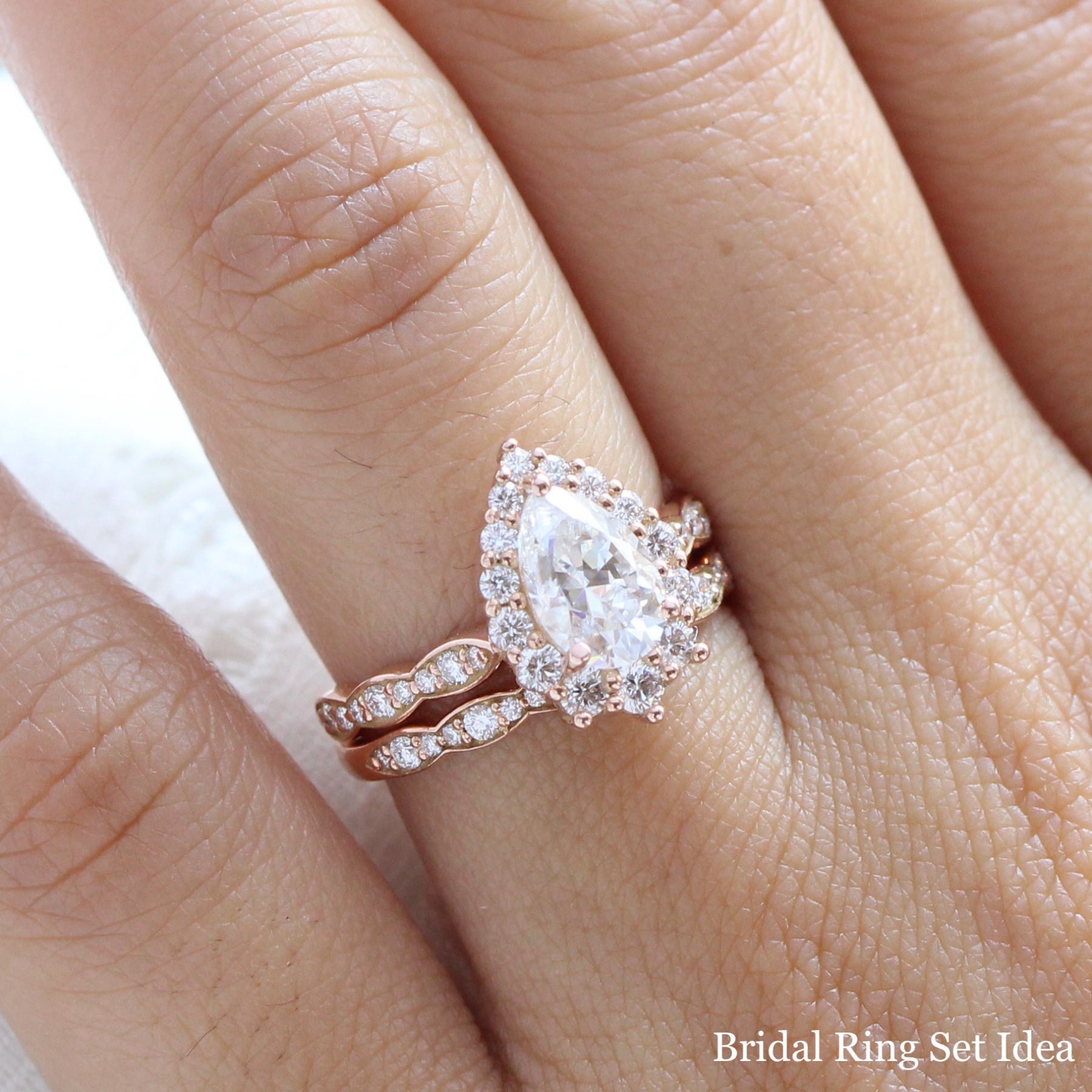 Large pear moissanite halo diamond ring rose gold bridal wedding set La more design jewelry