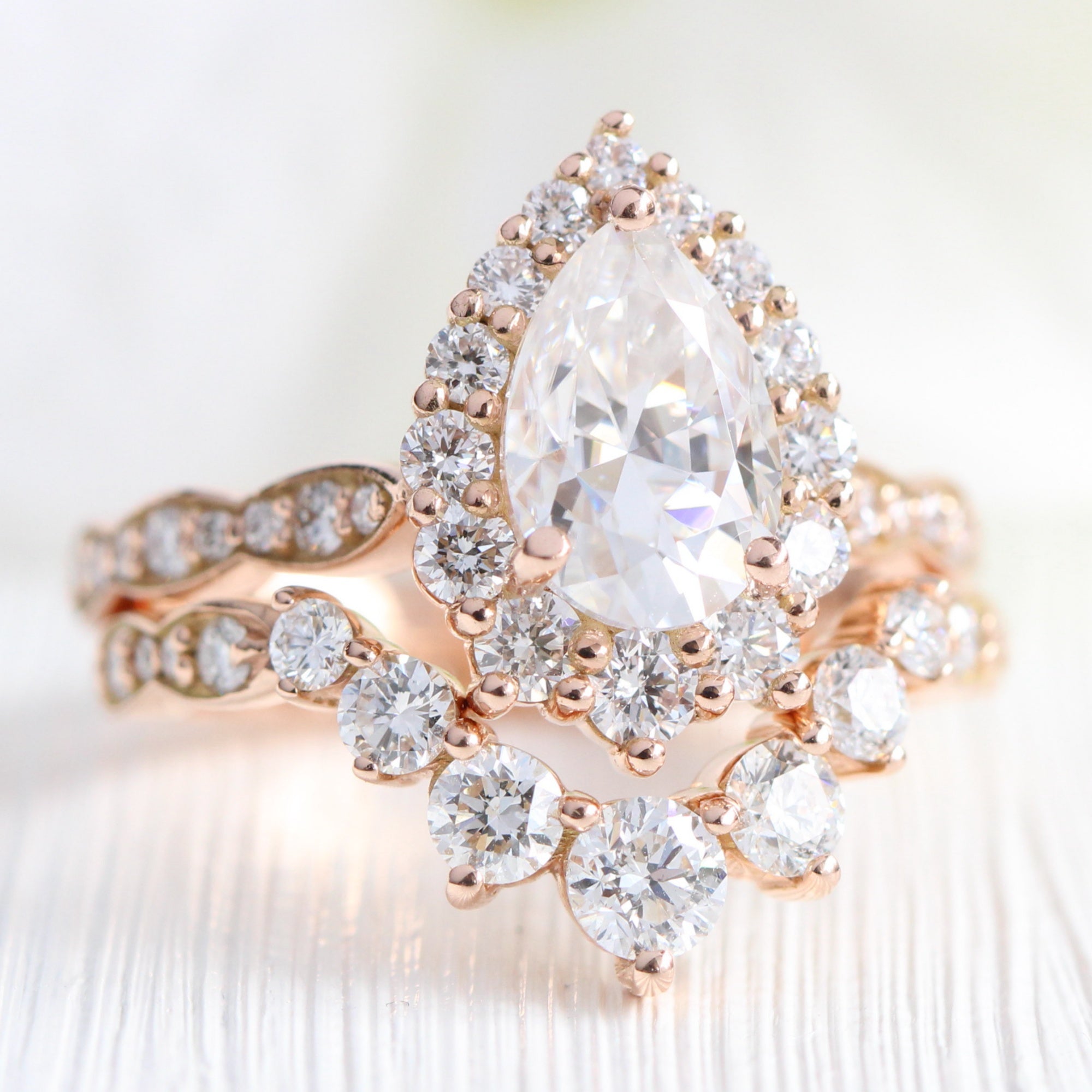 Large pear moissanite halo diamond ring rose gold matching wedding ring set La more design jewelry