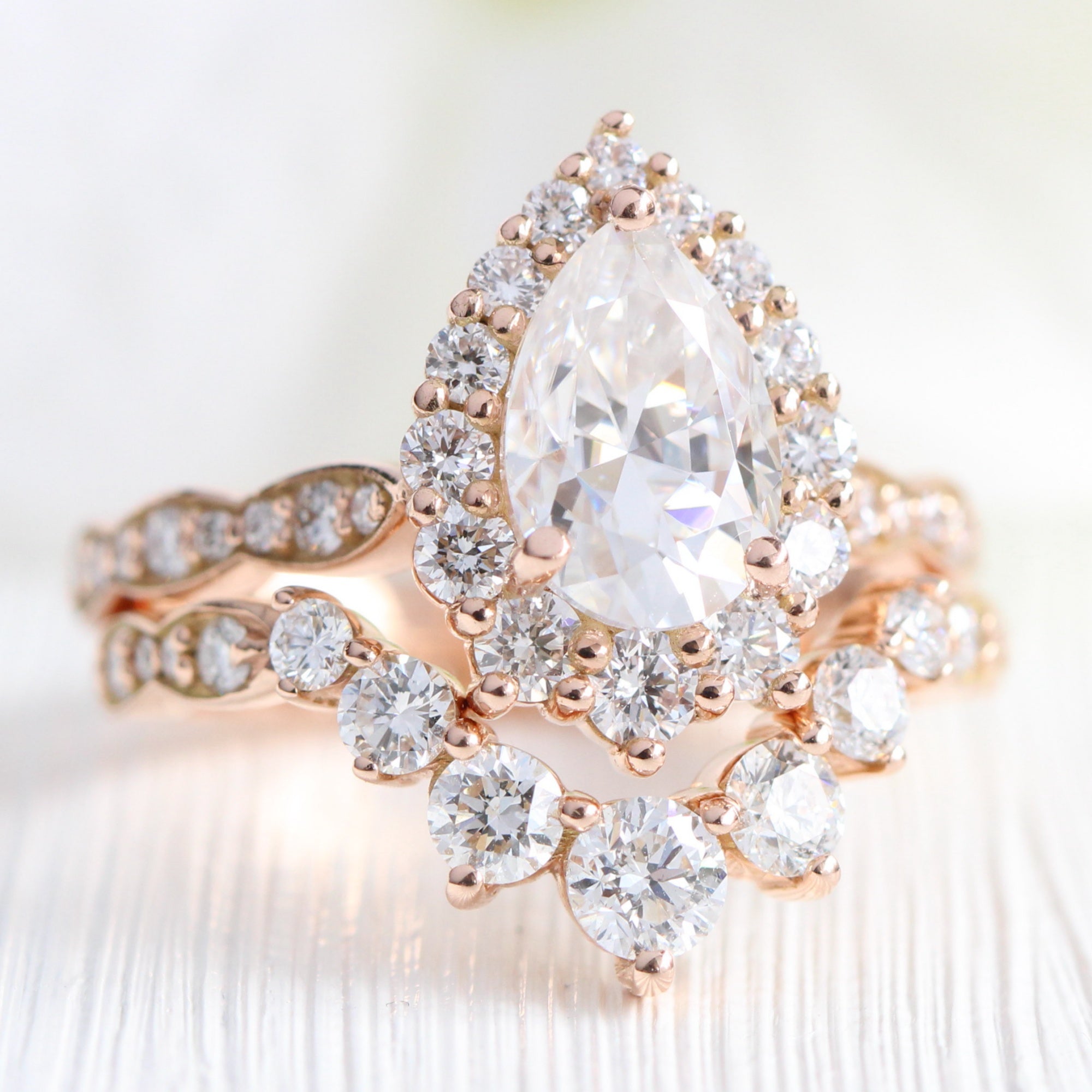 Pear Moissanite Engagement Ring Rose Gold U Shaped Diamond Wedding