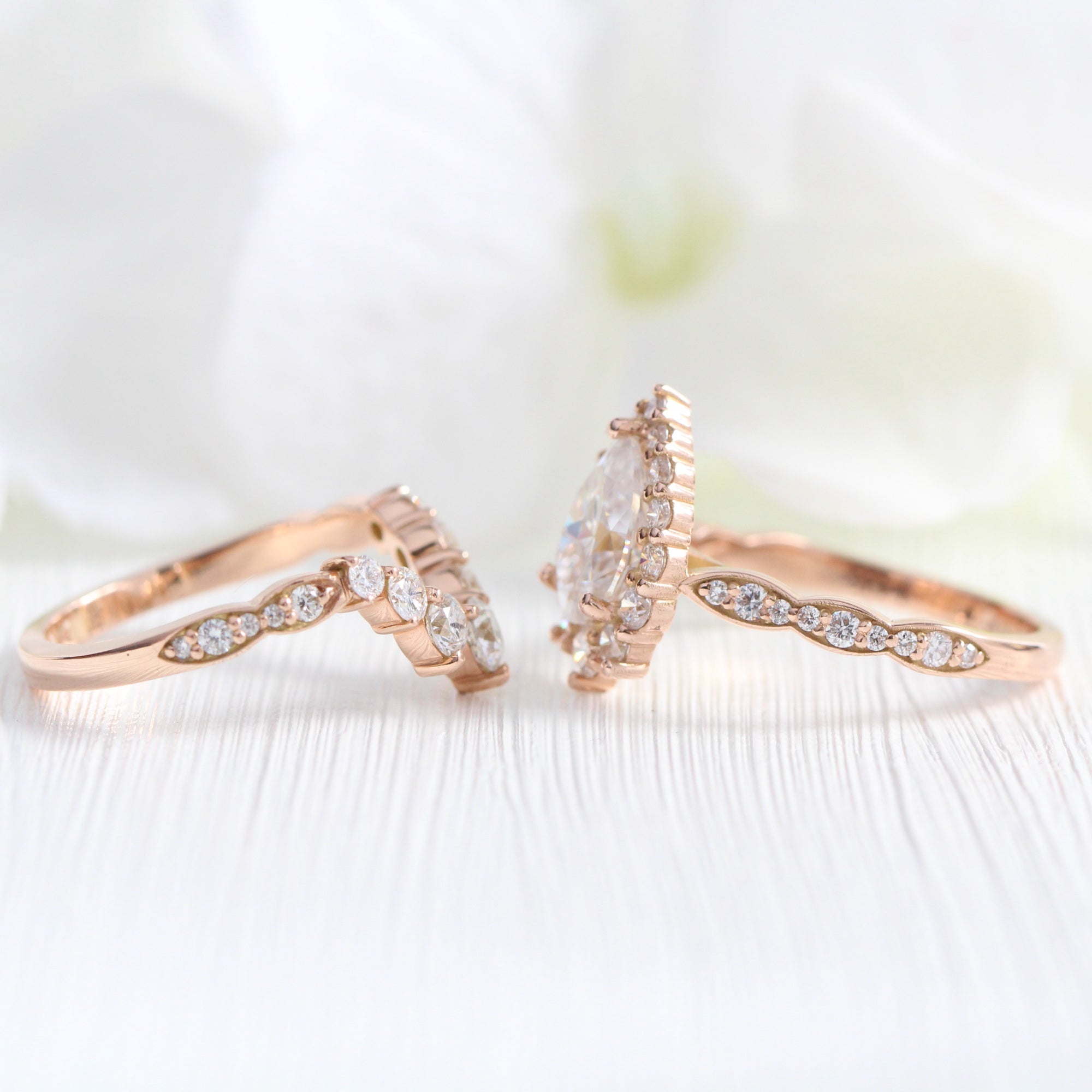 Large pear moissanite halo diamond ring rose gold matching wedding ring set La more design jewelry