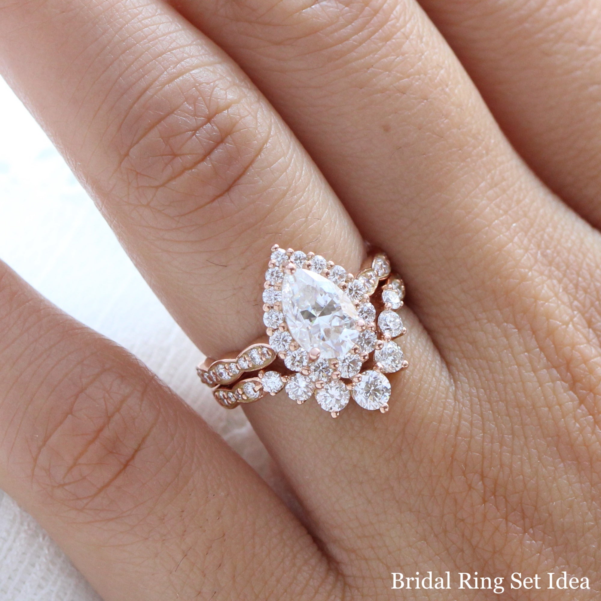 Large pear moissanite halo diamond ring rose gold matching wedding ring set La more design jewelry