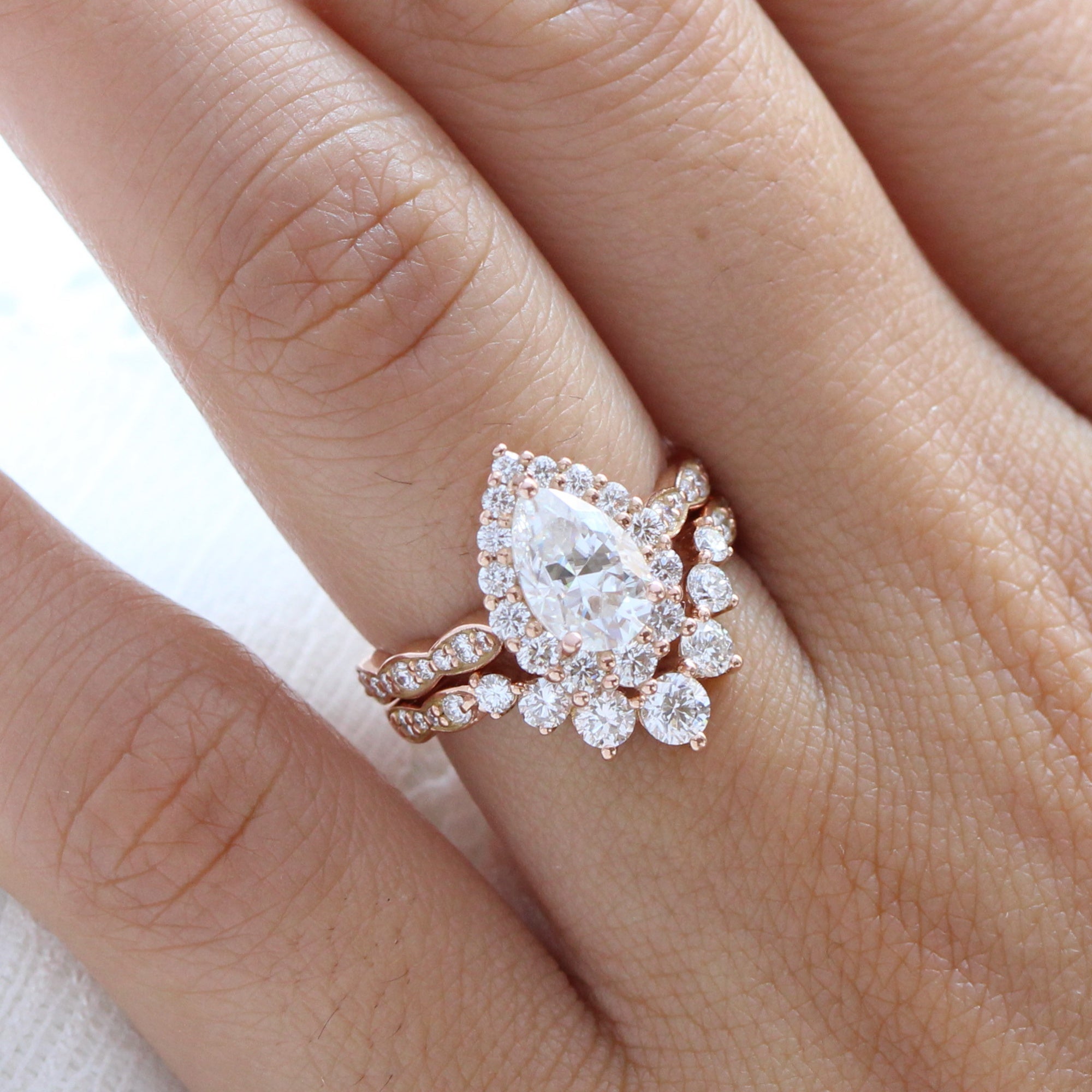 Large pear moissanite halo diamond ring rose gold matching wedding ring set La more design jewelry