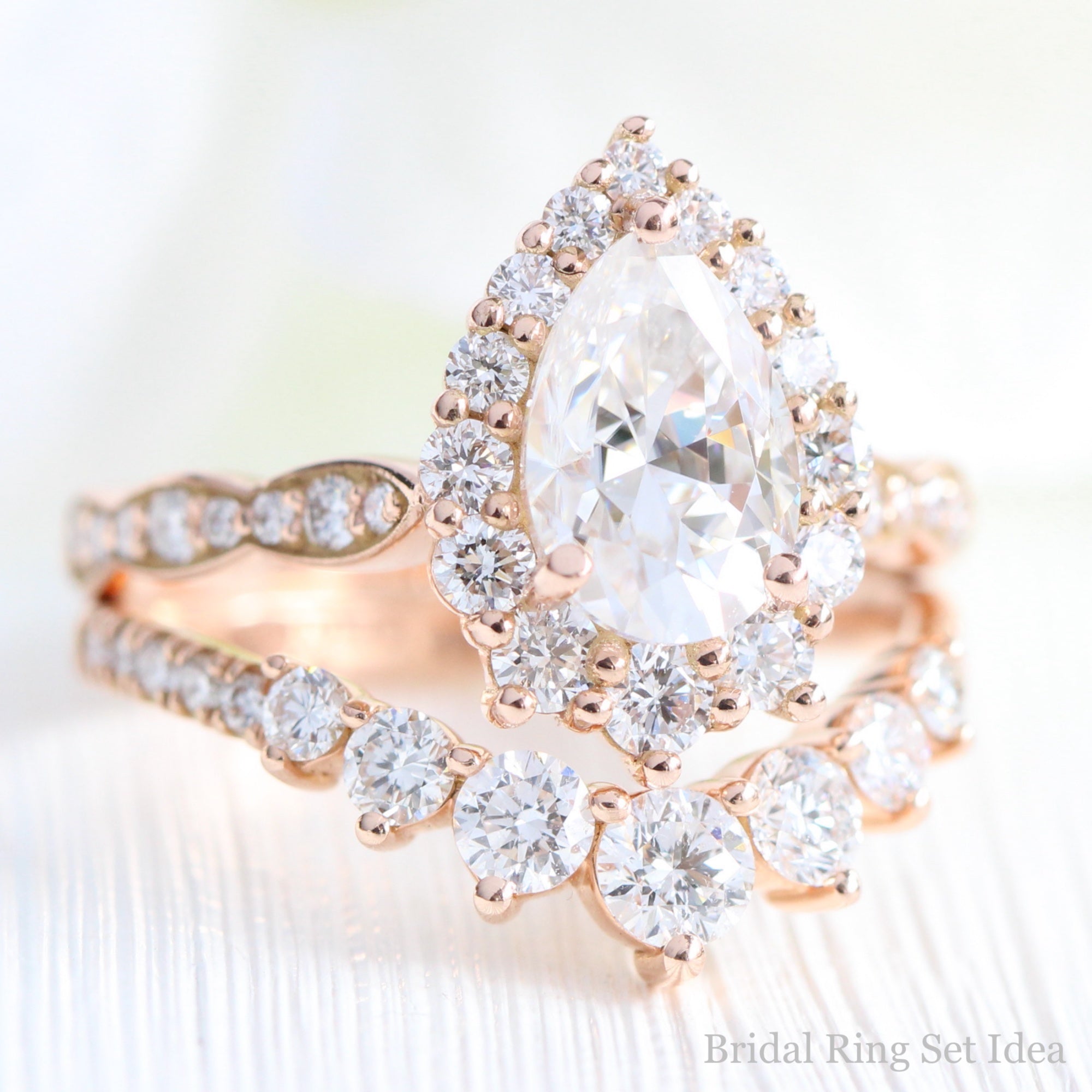 Large pear moissanite halo diamond ring rose gold matching wedding ring set La more design jewelry