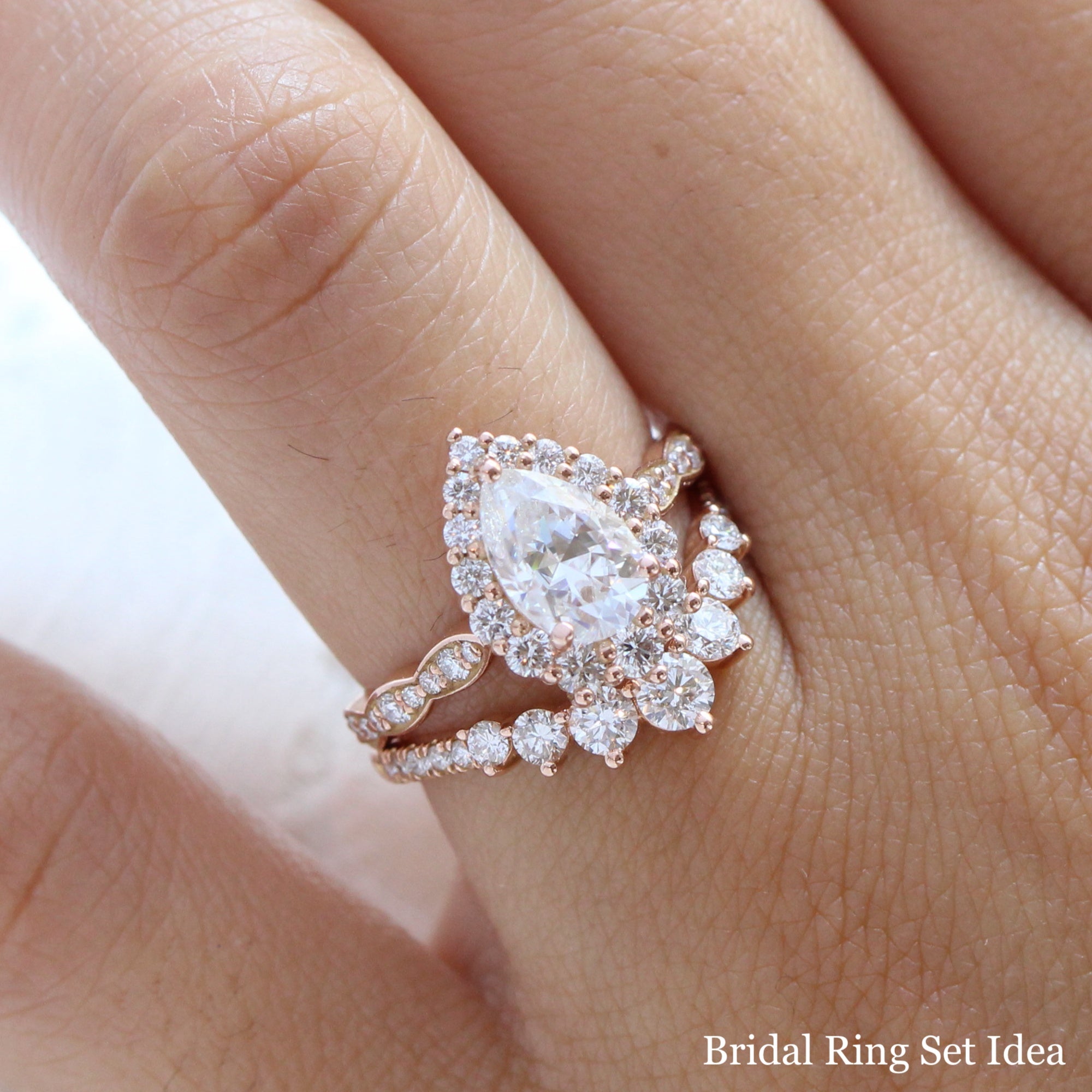 Large pear moissanite halo diamond ring rose gold matching wedding ring set La more design jewelry