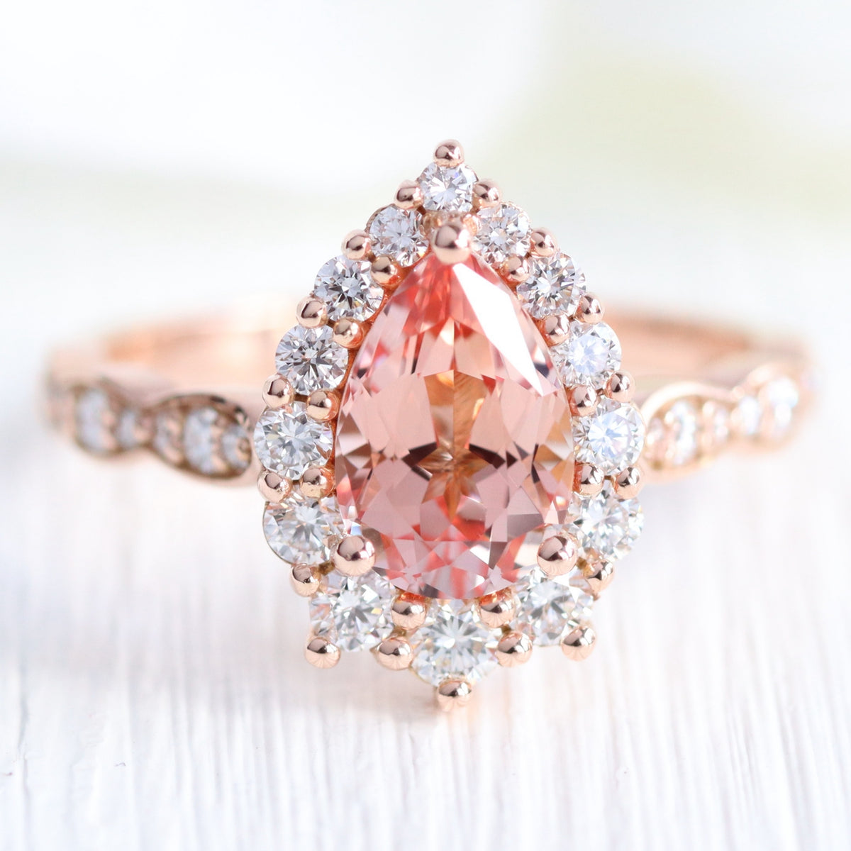 Large pear peach sapphire ring rose gold halo engagement ring la more design jewelry