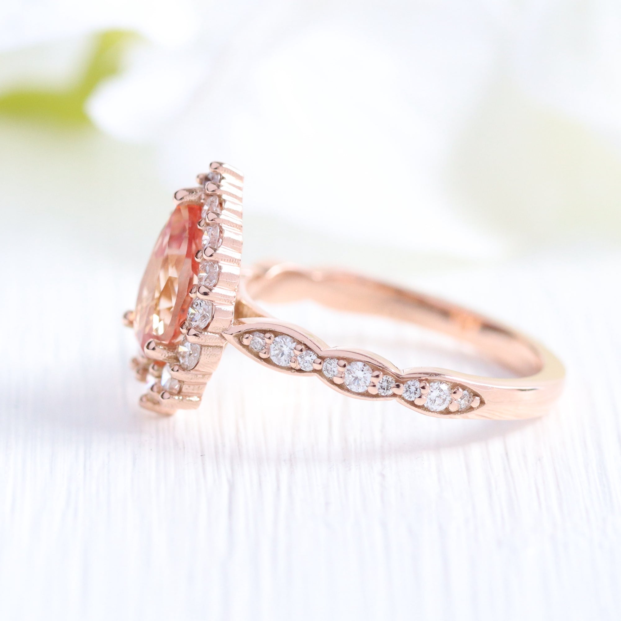 Large pear peach sapphire ring rose gold halo engagement ring la more design jewelry