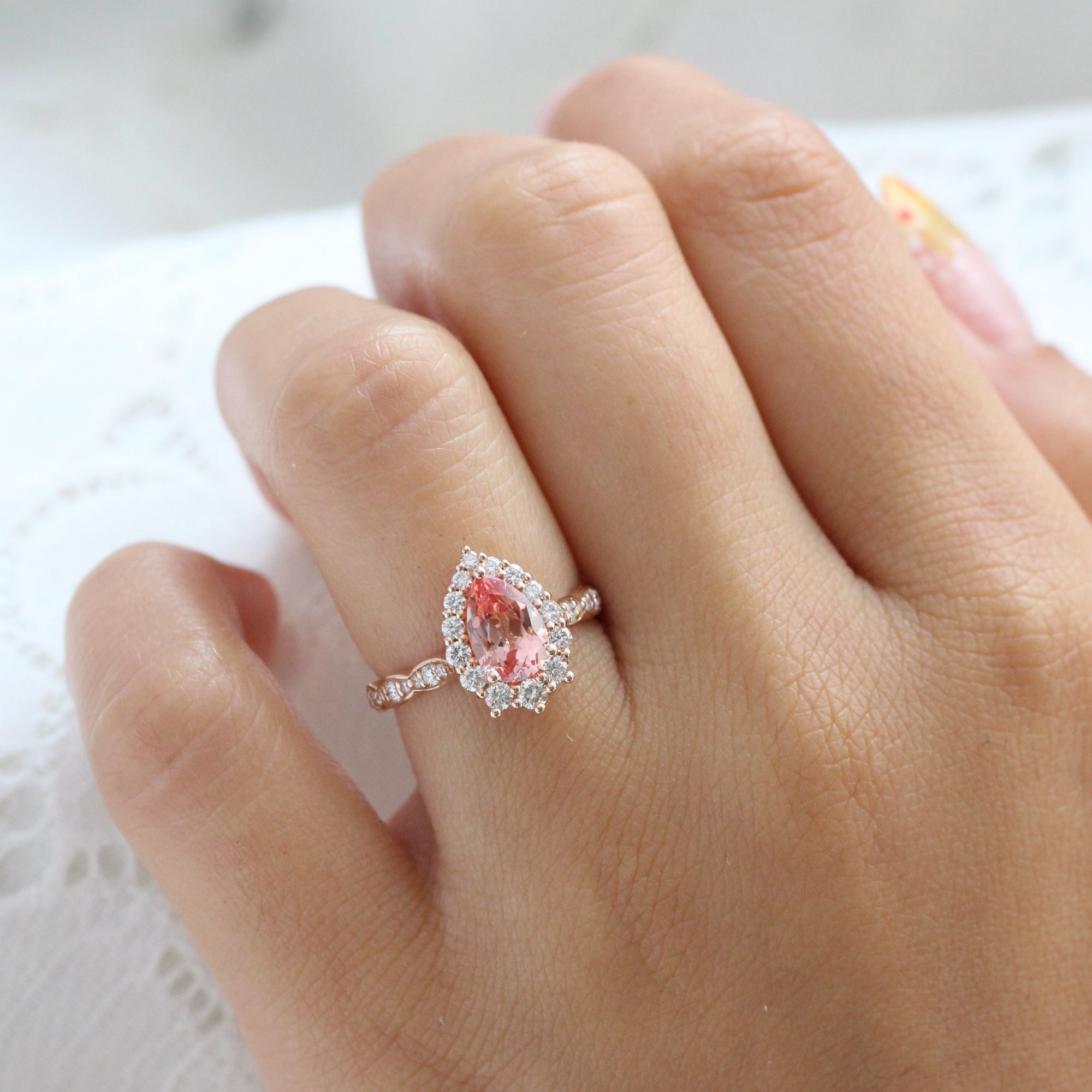 Large pear peach sapphire ring rose gold halo engagement ring la more design jewelry