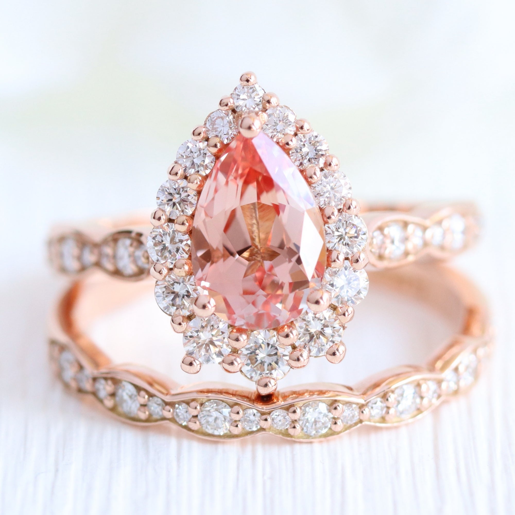 Large pear peach sapphire ring stack rose gold matching diamond wedding band la more design jewelry