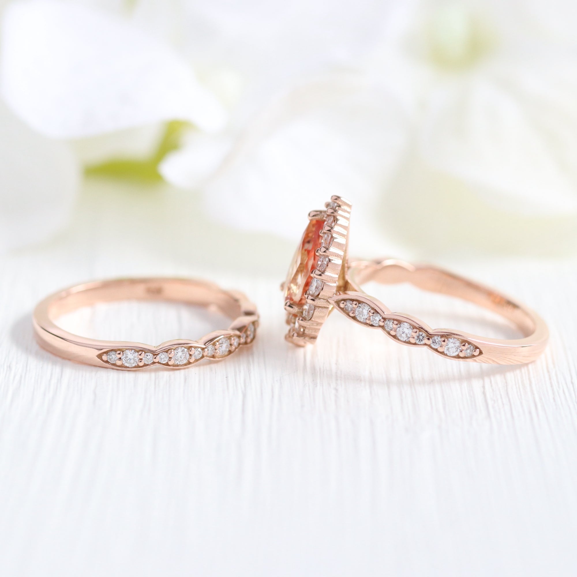 Halo Diamond Large Pear Peach Sapphire Ring Stack Rose Gold Bridal Set | La  More Design