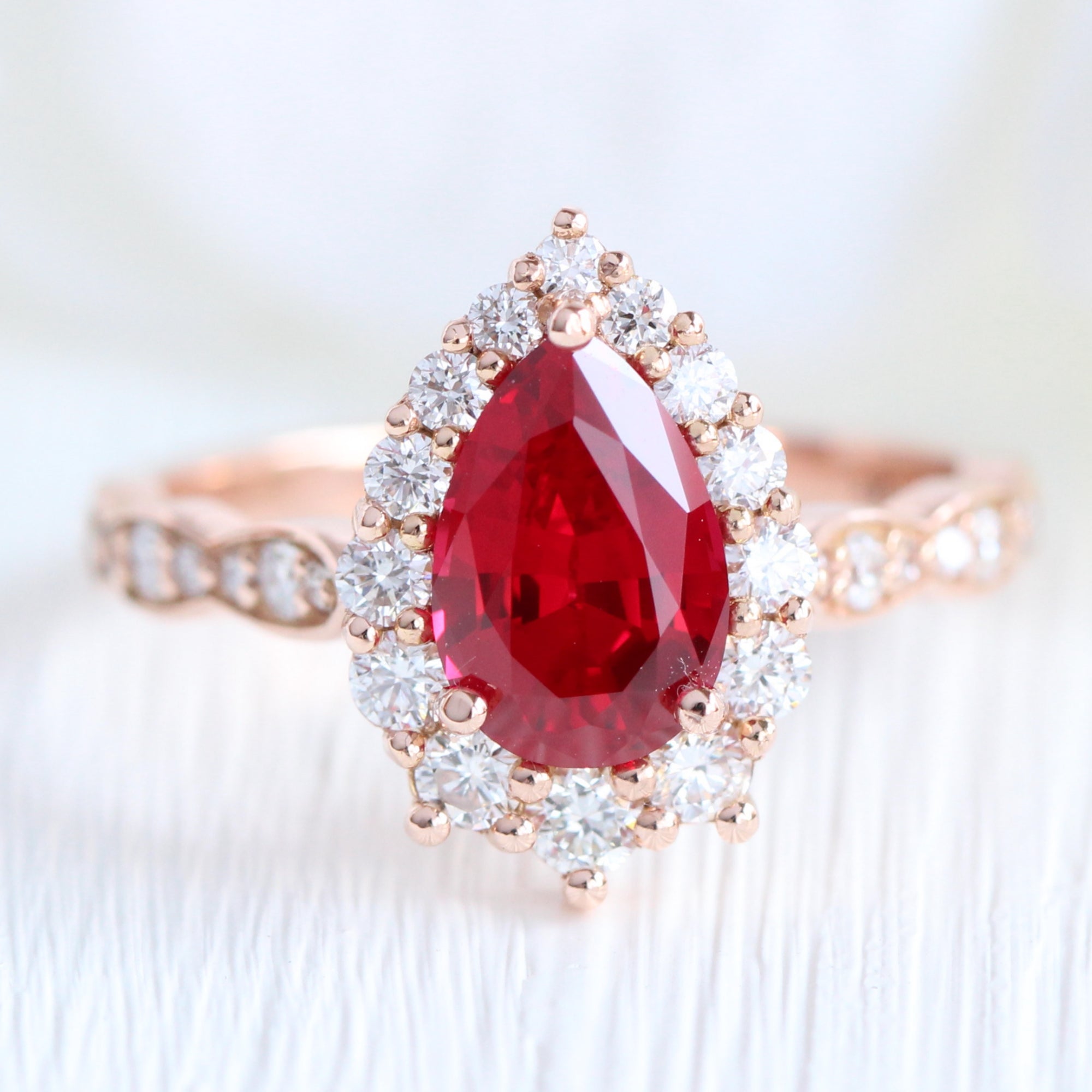 Large pear ruby engagement ring rose gold halo diamond ruby ring la more design jewelry