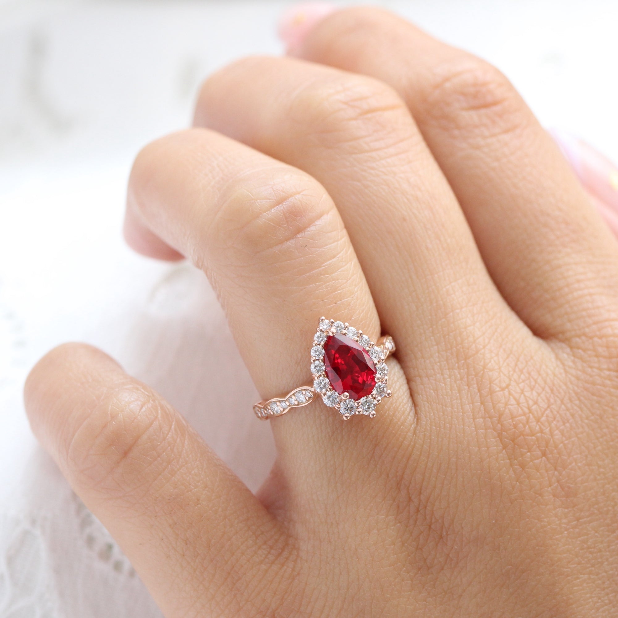 Large pear ruby engagement ring rose gold halo diamond ruby ring la more design jewelry