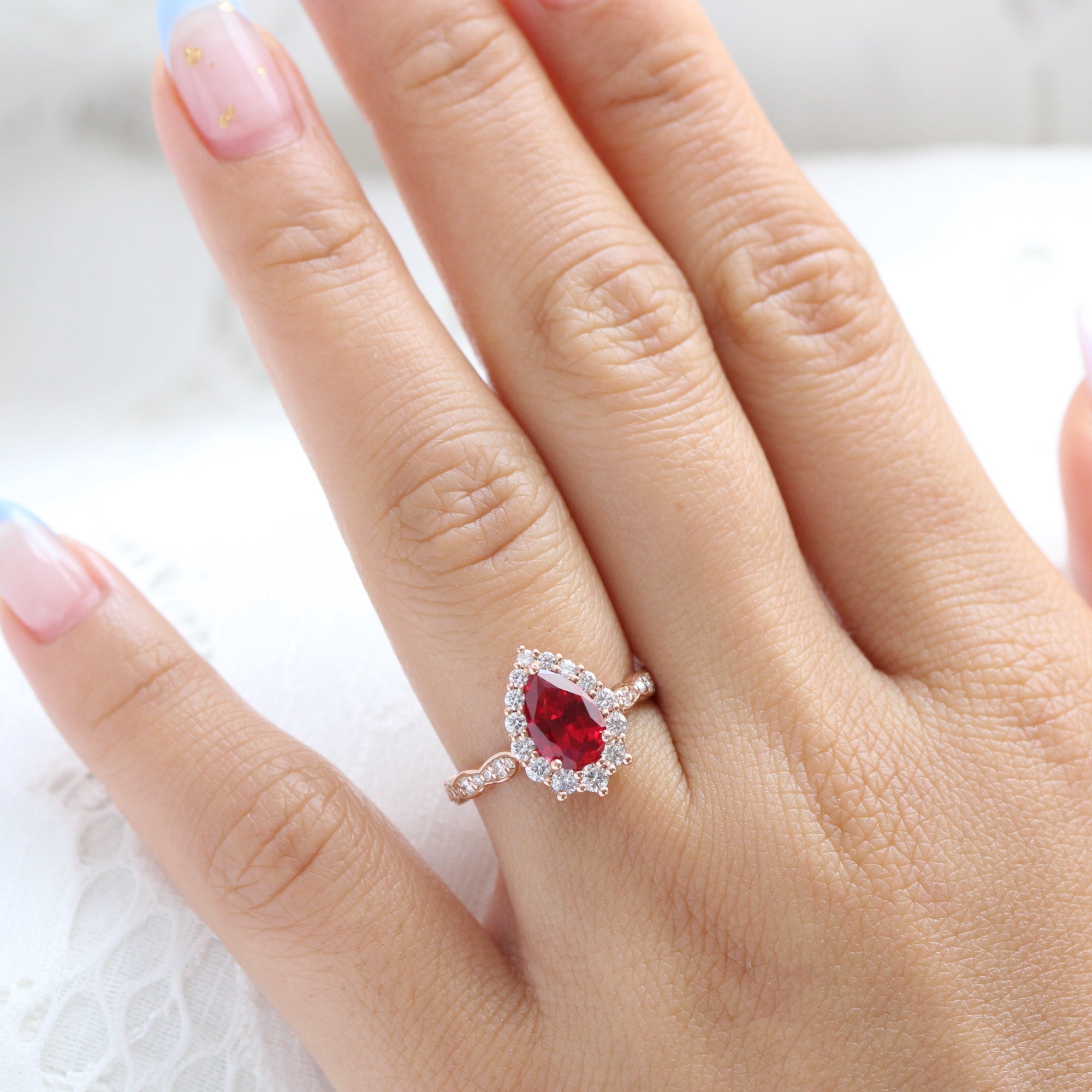 Large pear ruby engagement ring rose gold halo diamond ruby ring la more design jewelry