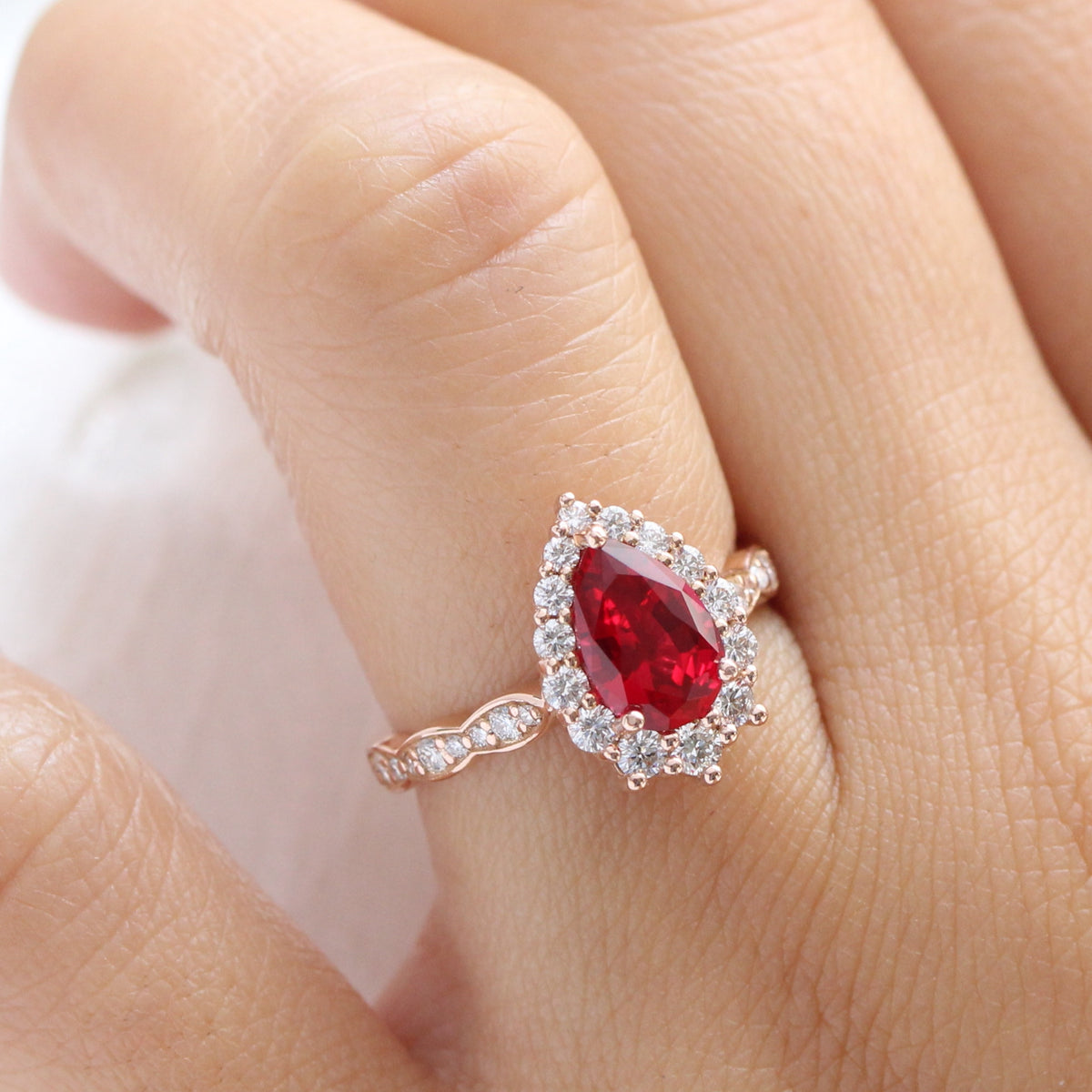 Large pear ruby engagement ring rose gold halo diamond ruby ring la more design jewelry