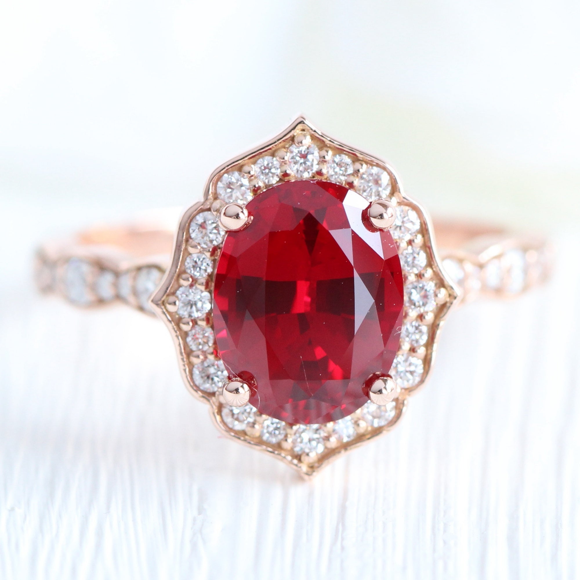 Large ruby engagement ring rose gold vintage halo diamond ruby ring la more design jewelry