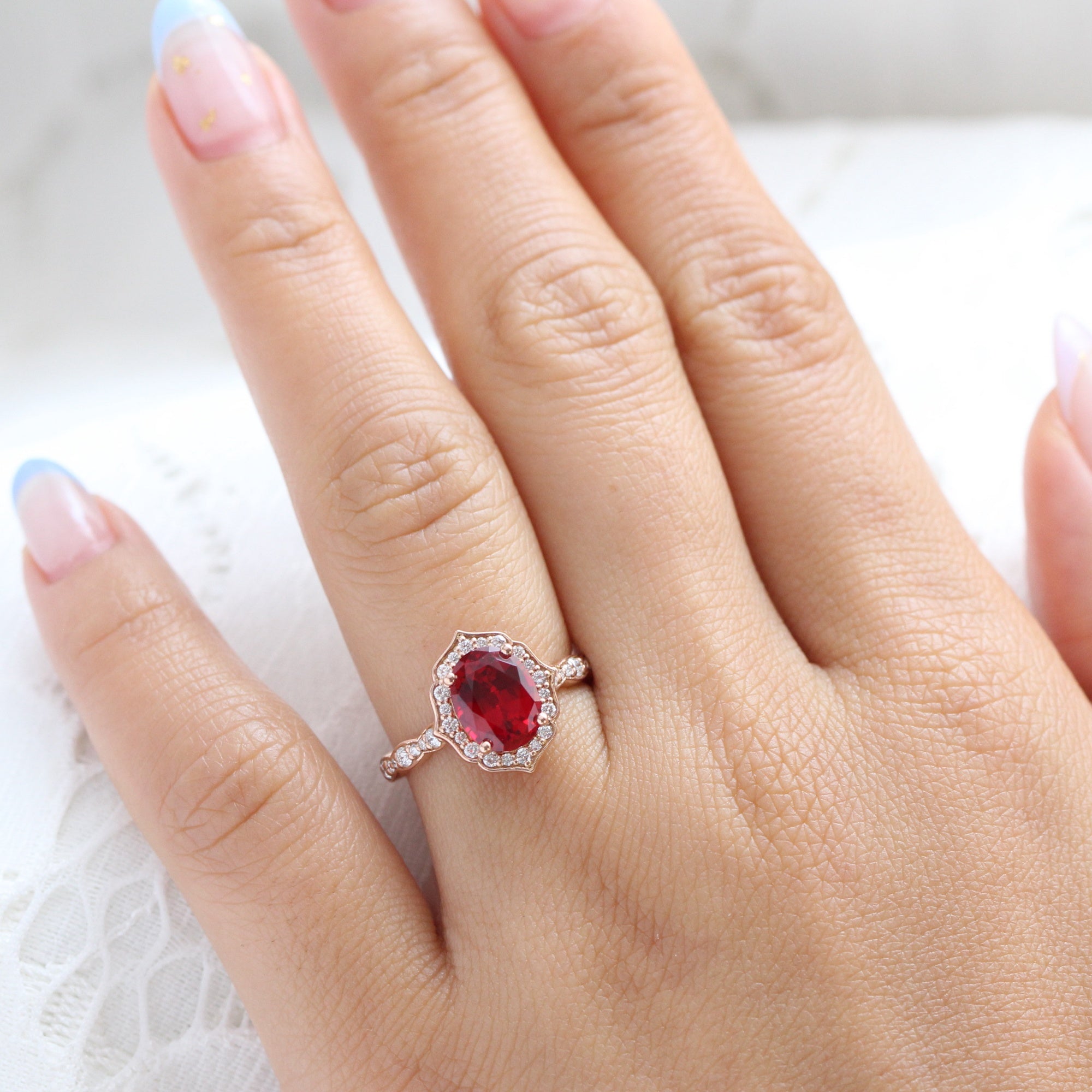 Large ruby engagement ring rose gold vintage halo diamond ruby ring la more design jewelry