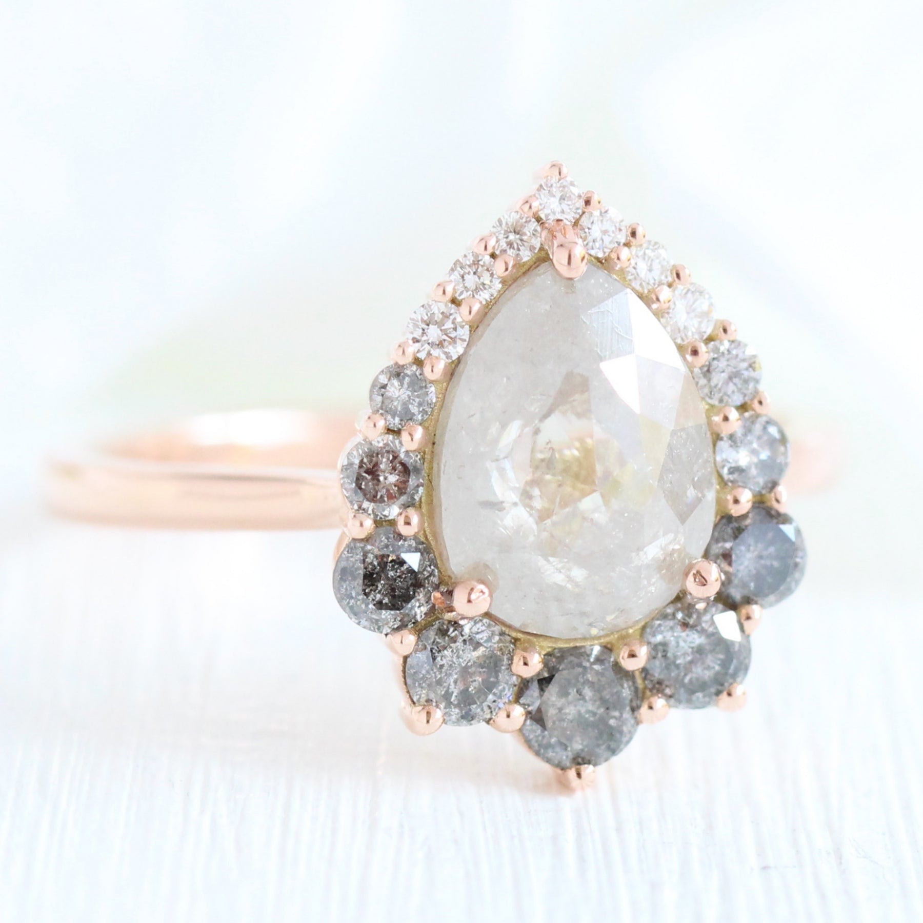 Large salt and pepper diamond engagement ring rose gold halo pear ring la more design jewelry
