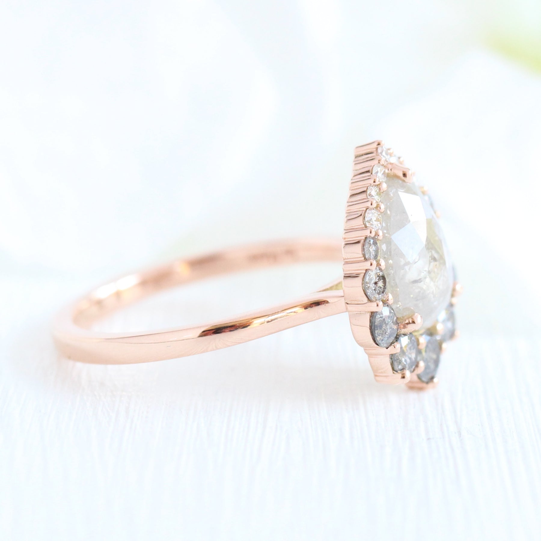 Large salt and pepper diamond engagement ring rose gold halo pear ring la more design jewelry