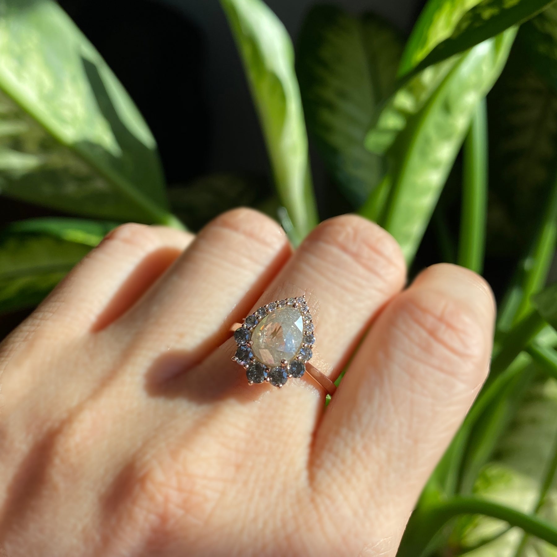 Large salt and pepper diamond engagement ring rose gold halo pear ring la more design jewelry