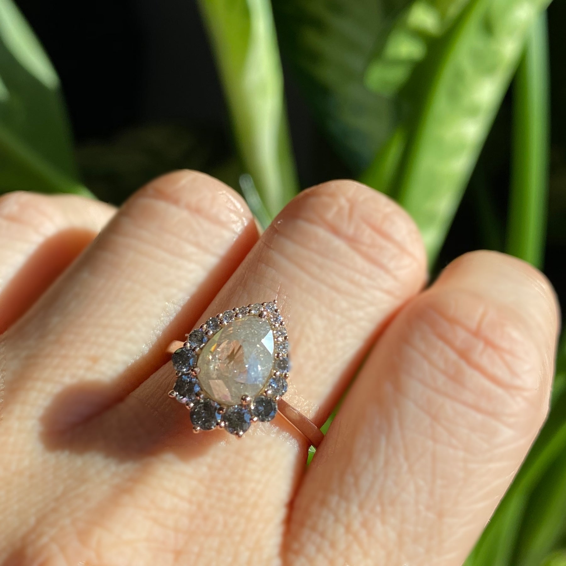 Large salt and pepper diamond engagement ring rose gold halo pear ring la more design jewelry