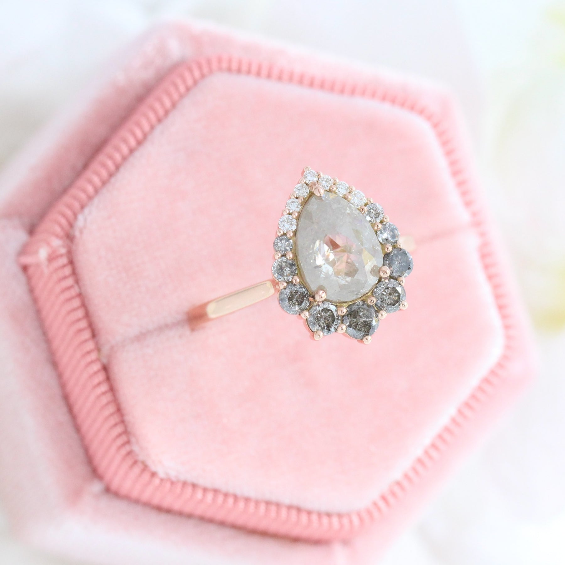 Large salt and pepper diamond engagement ring rose gold halo pear ring la more design jewelry